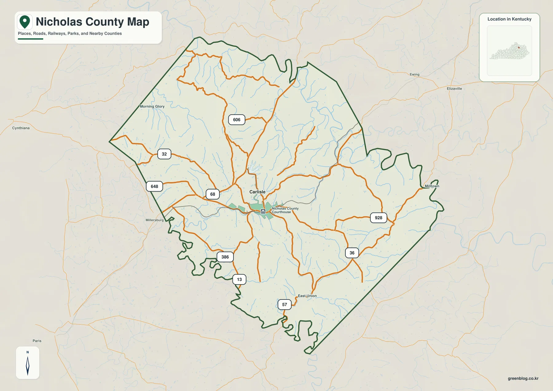 Nicholas County Kentucky map showing Carlisle, Morning Glory, Milltown, East Union, routes 32, 36, 68, 606, and other roads