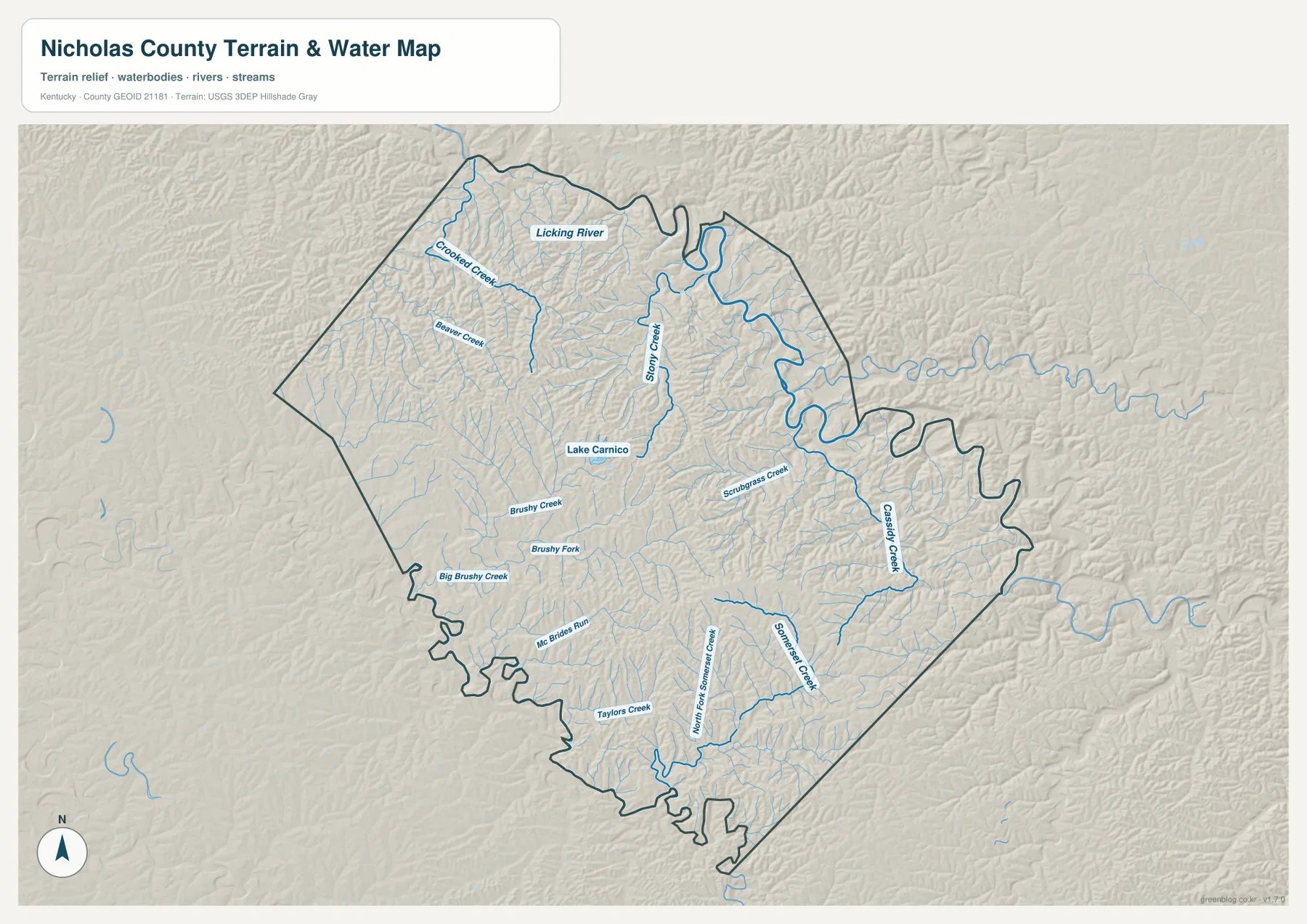 Nicholas County terrain and water map showing Licking River, Crooked Creek, Stony Creek, Lake Carnico, Scrubgrass Creek, Cassidy Creek, Somerset Creek, and tributaries