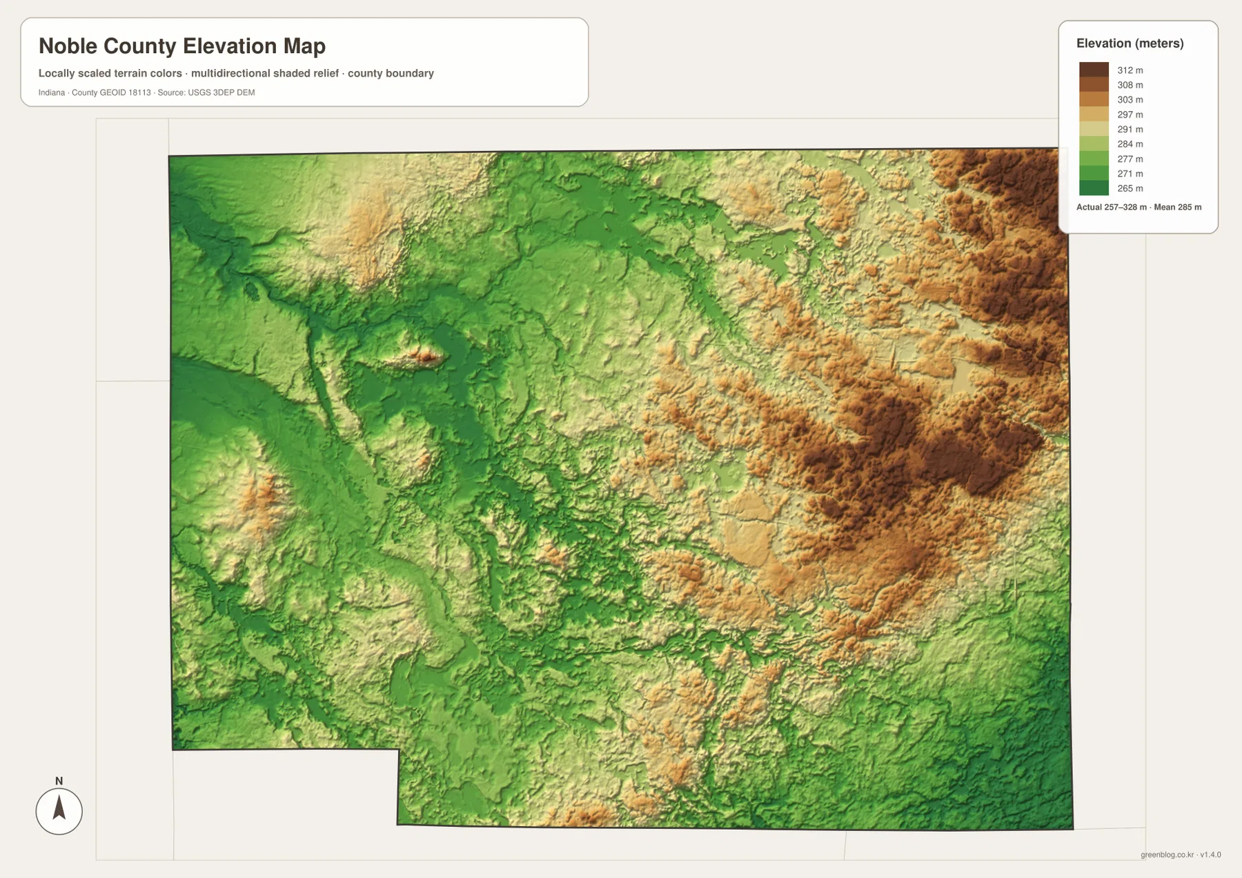Noble County elevation map showing low green terrain in the west and Elkhart River corridors with higher yellow-brown hills across the east and northeast