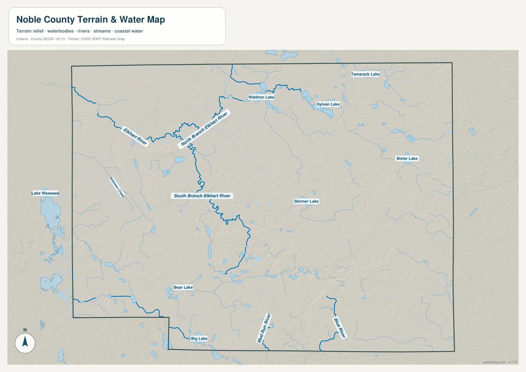 Noble County terrain and water map showing Elkhart River, North Branch and South Branch Elkhart River, Waldron Lake, Sylvan Lake, Tamarack Lake, Bixler Lake, Skinner Lake, Bear Lake, and Big Lake