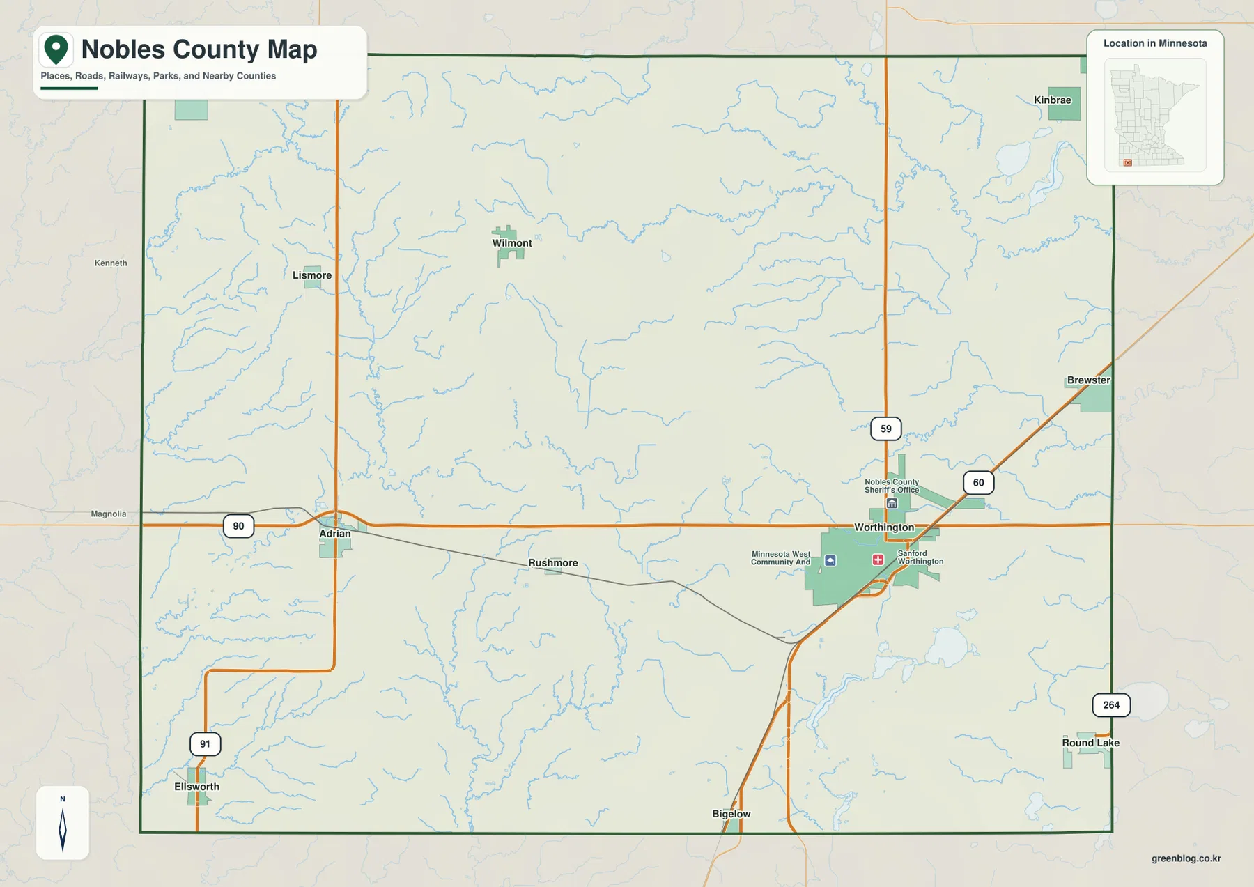 Nobles County의 Worthington, I-90, 주요 도시와 도로를 보여 주는 지도