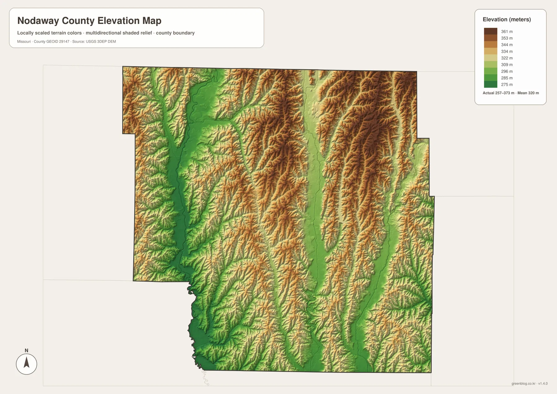 Nodaway County elevation map showing 257 to 373 meter relief, low Nodaway, 102, and Platte river valleys, and higher intervening ridges