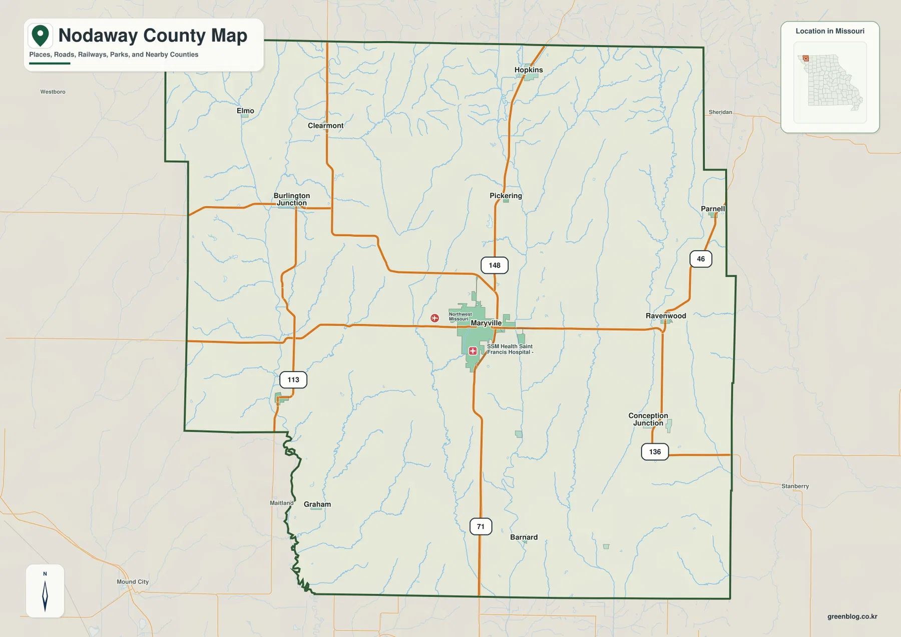 Nodaway County Missouri map showing Maryville, Hopkins, Burlington Junction, Ravenwood, U.S. 71, Routes 148, 113, 46, and 136
