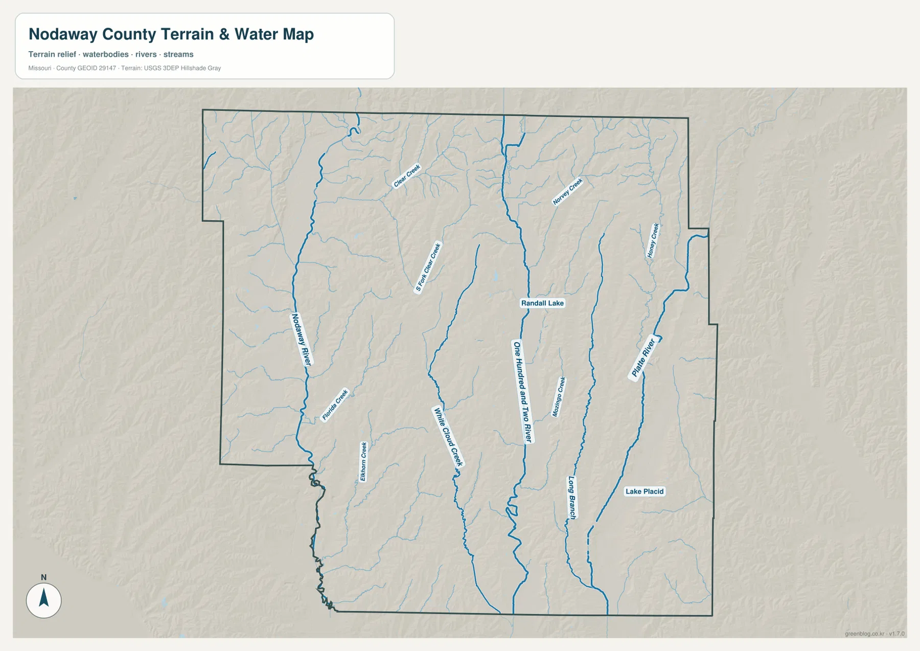 Nodaway County terrain and water map showing the Nodaway River, Old Hundred and Two River, Platte River, Clear Creek, White Cloud Creek, and Honey Creek