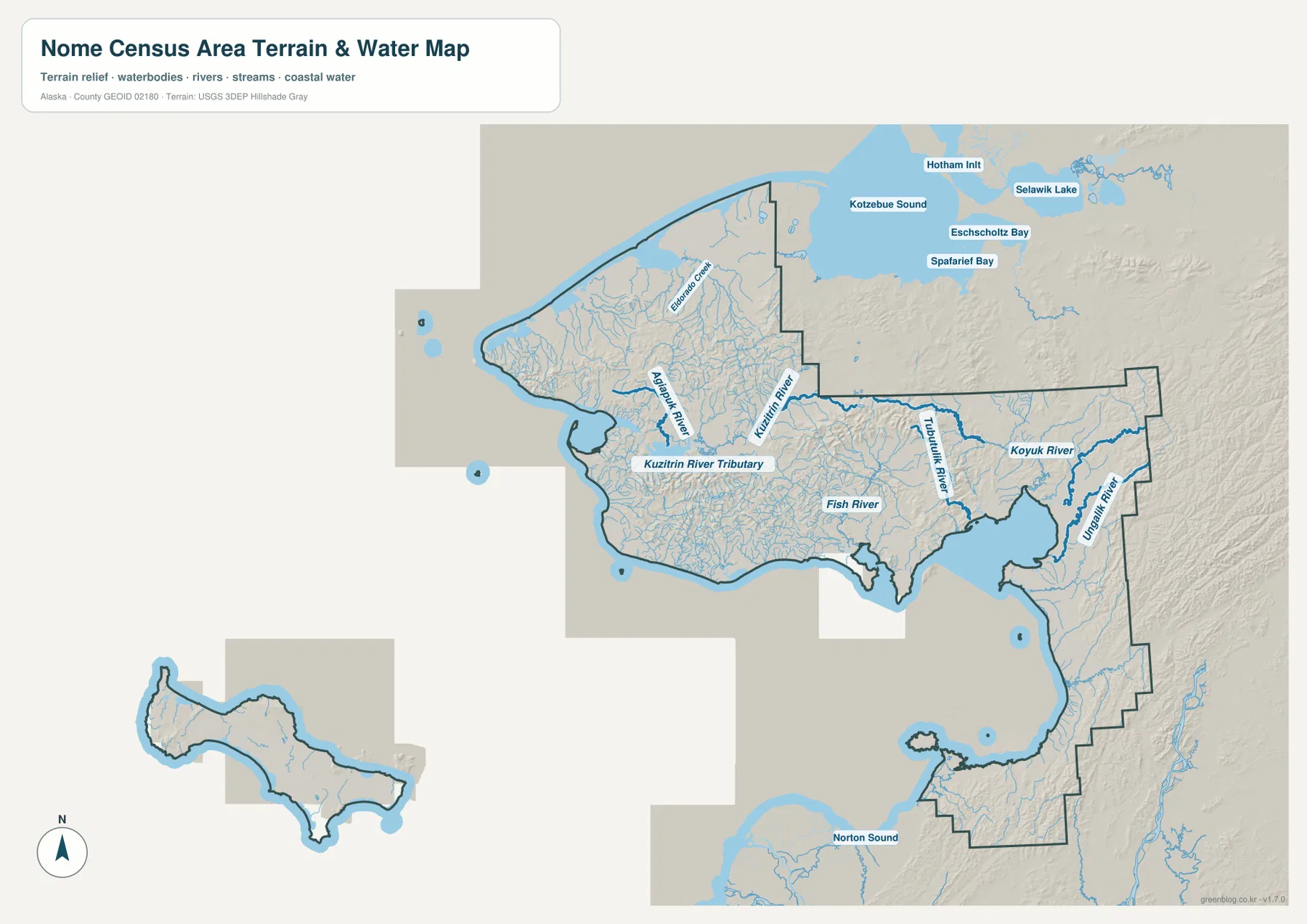 Nome Census Area terrain and water map