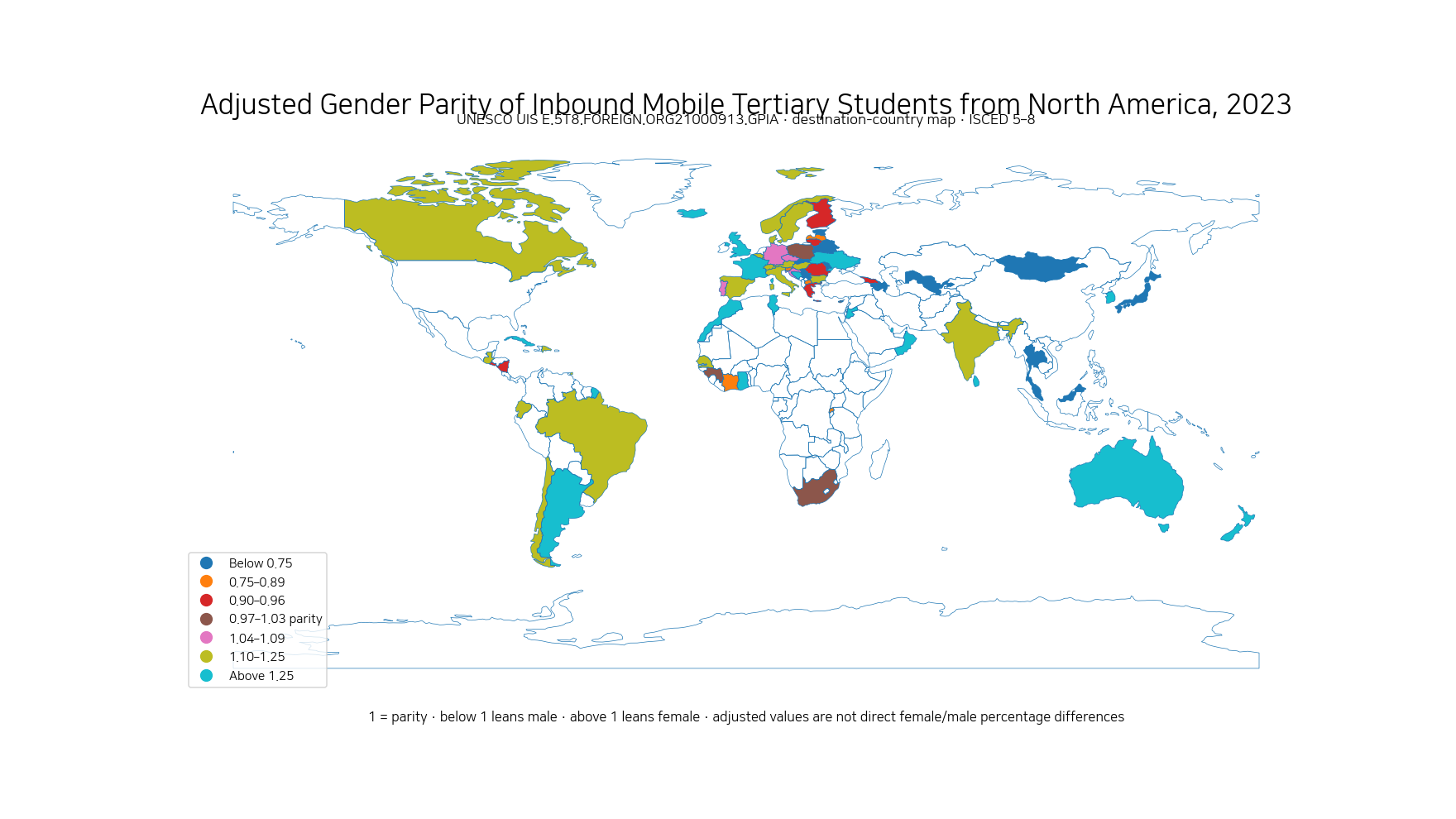 World map of the adjusted gender parity index for inbound mobile tertiary students from North America by destination country in 2023