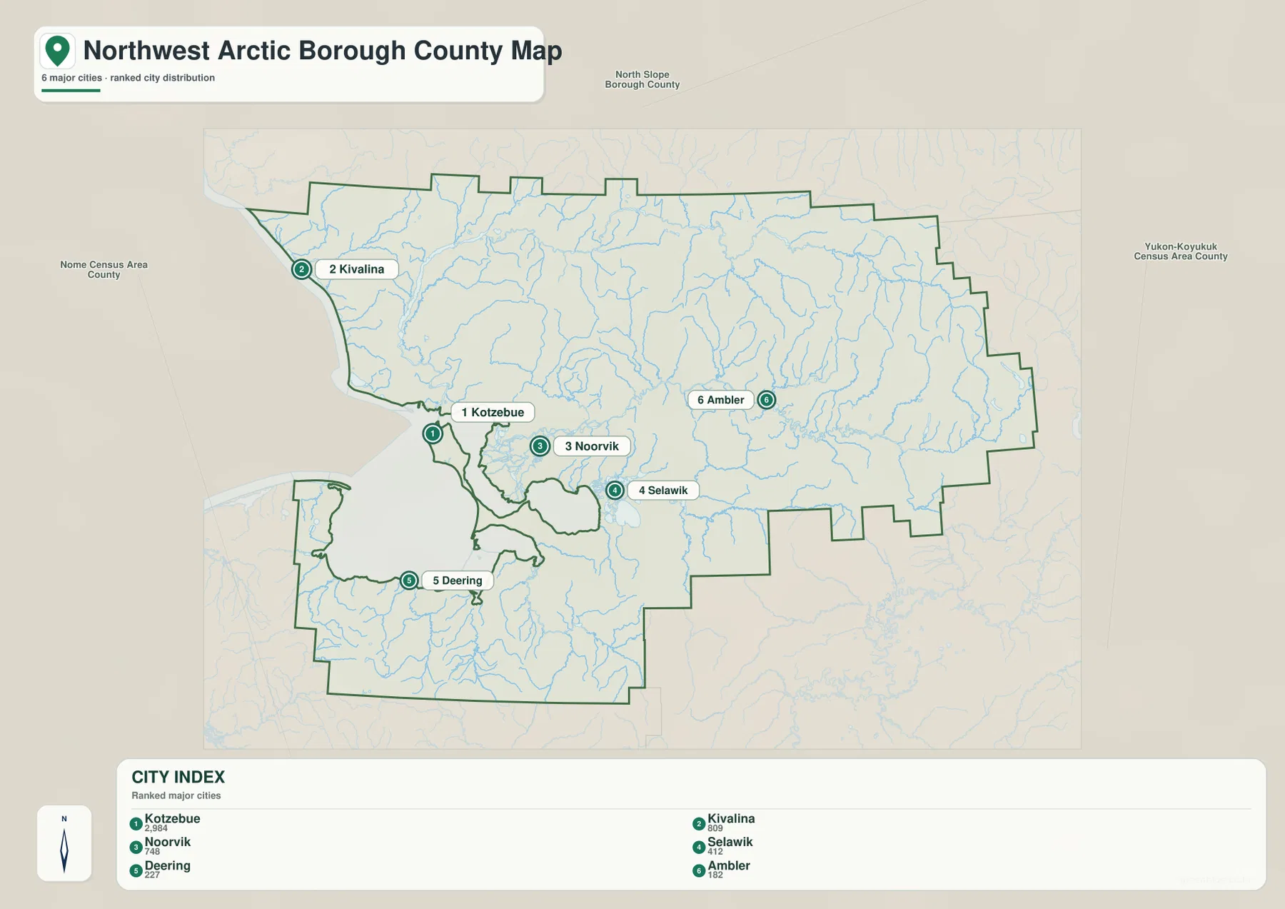Northwest Arctic Borough Map city index showing Kotzebue, Kivalina, Noorvik, Selawik, Deering, and Ambler