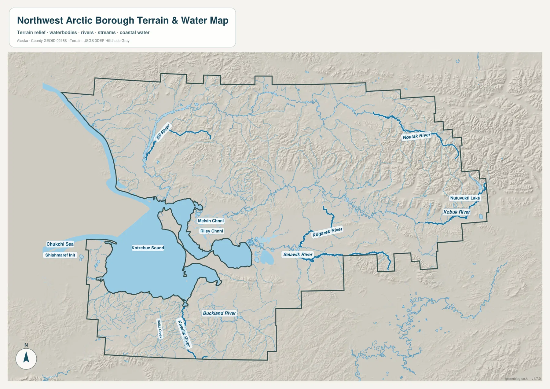 Northwest Arctic Borough Map showing Noatak River, Kobuk River, Selawik River, Kotzebue Sound, and shaded terrain
