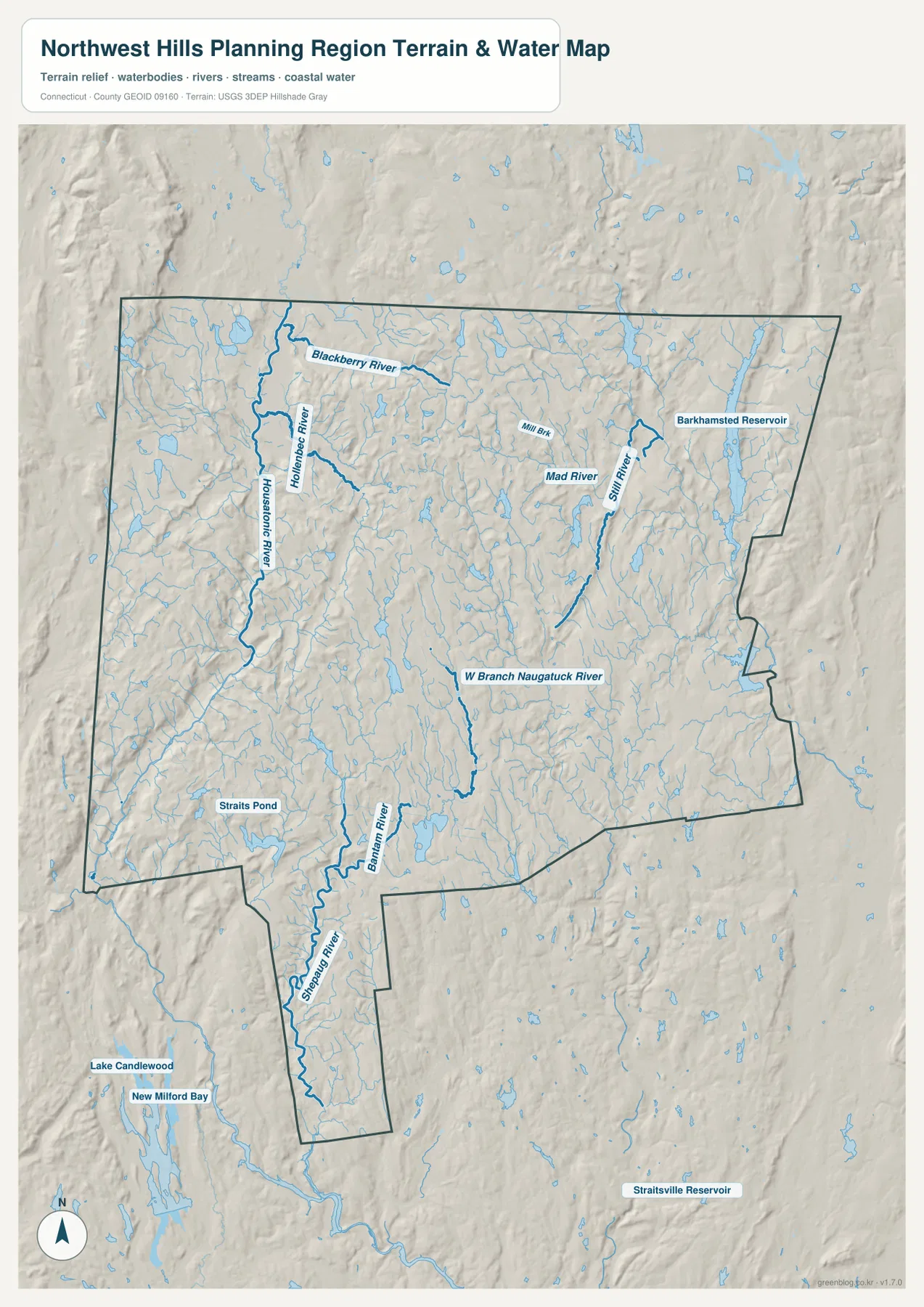 노스웨스트 힐스 플래닝 리전 Housatonic River Barkhamsted Reservoir 수역 지형 지도
