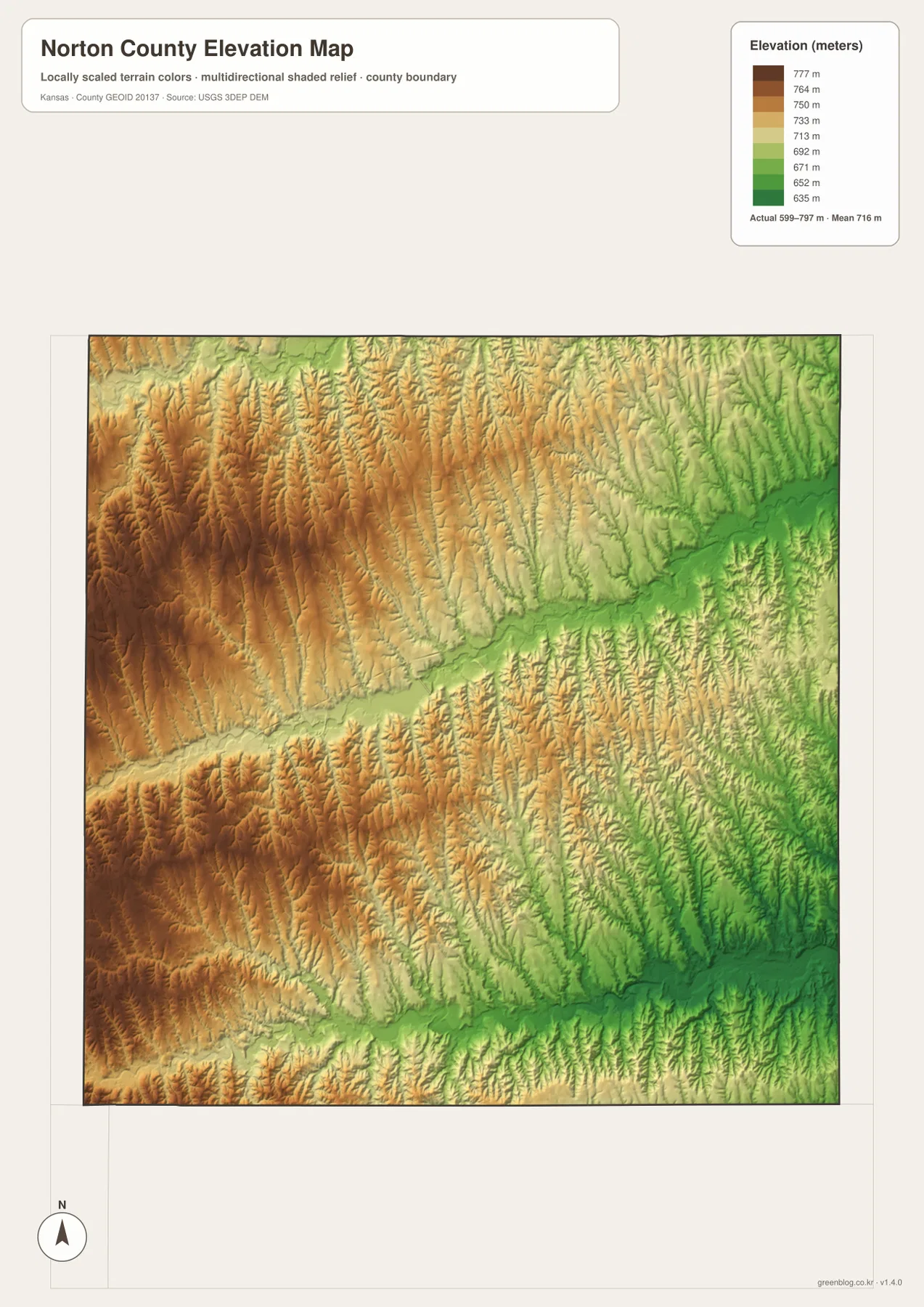 Norton County Kansas elevation map showing 599 to 797 meter relief, western uplands and lower Prairie Dog Creek and Solomon River valleys