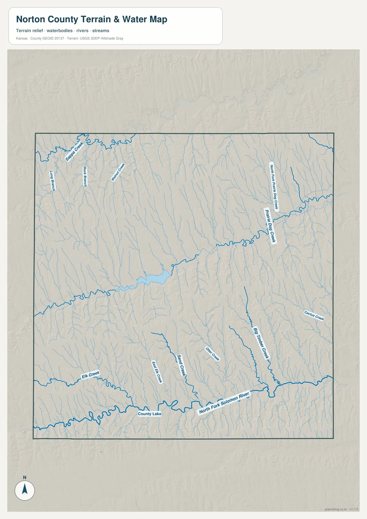 Norton County Kansas terrain and water map showing Prairie Dog Creek, North Fork Prairie Dog Creek, Sappa Creek, Big Timber Creek and North Fork Solomon River