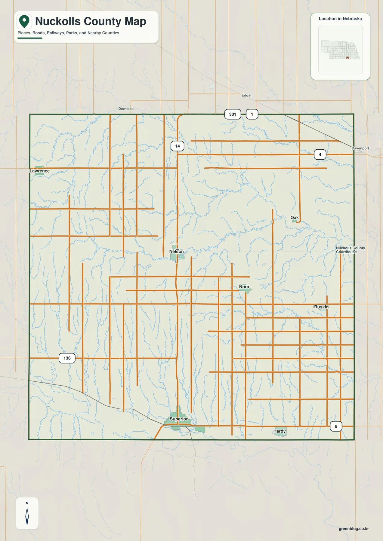 Nelson, Superior, Lawrence, Oak, Ruskin, Hardy와 주요 도로를 보여 주는 Nuckolls County 지도