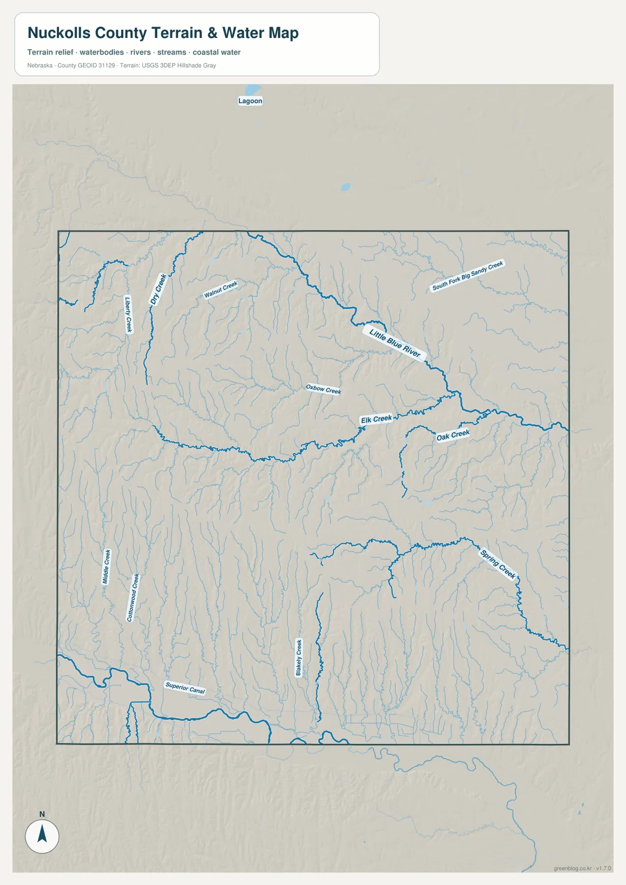 Little Blue River, Elk Creek, Oak Creek, Oxbow Creek와 여러 지류를 표시한 Nuckolls County 수역·지형 지도