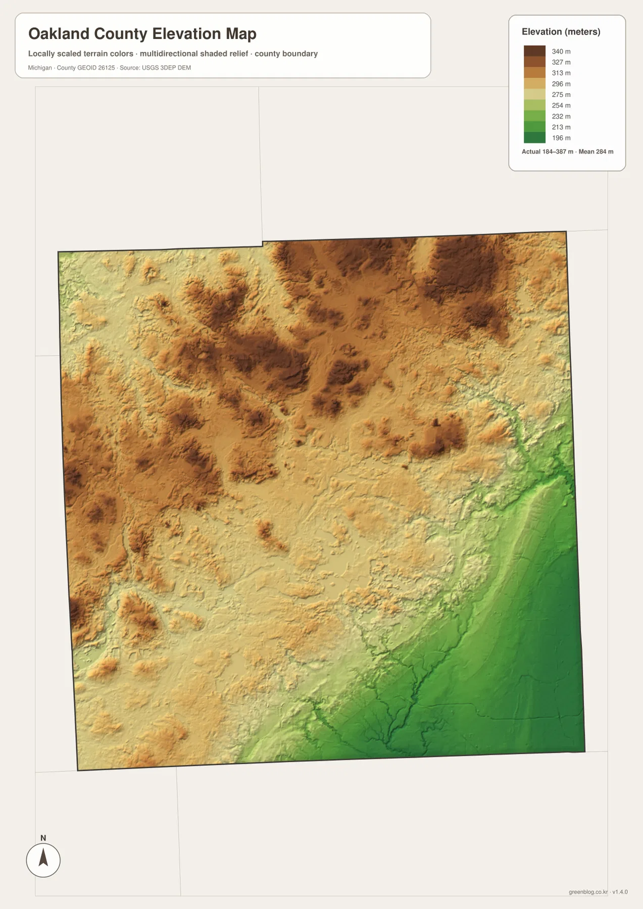 Oakland County elevation map showing higher northwestern uplands and lower southeastern terrain