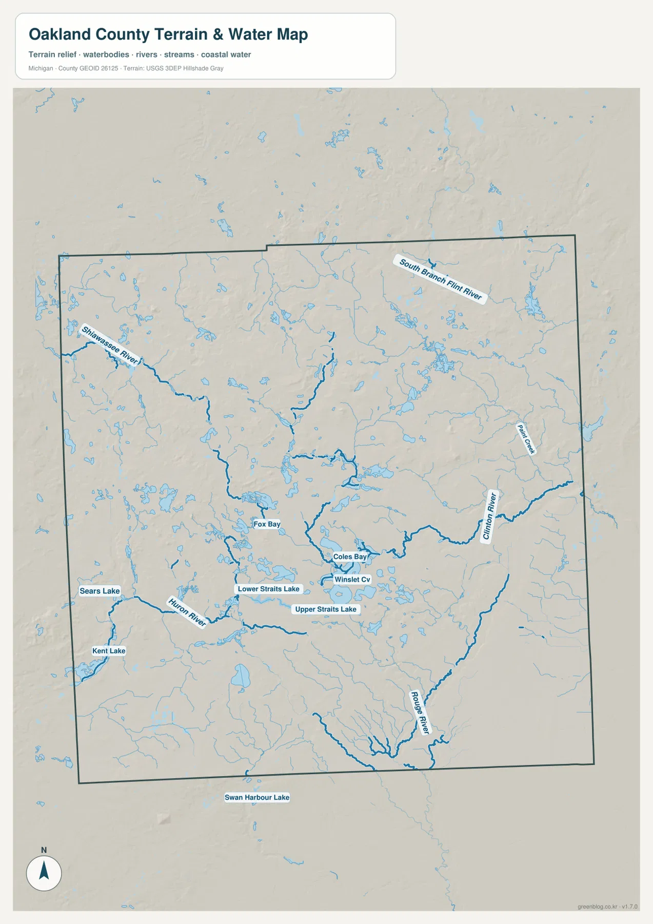 Oakland County water map showing the Shiawassee, Huron, Clinton and Rouge river systems, Paint Creek, and numerous lakes