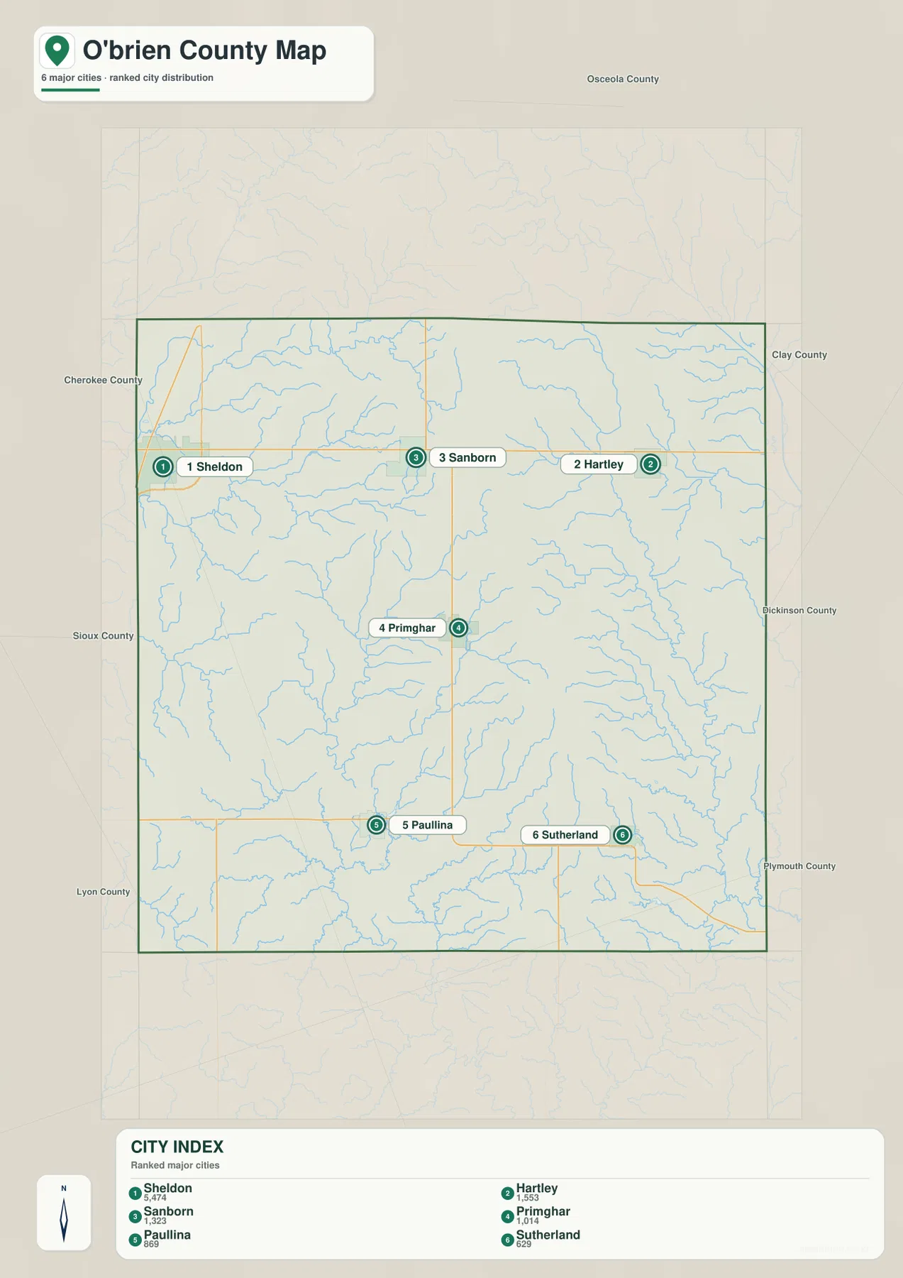 O'Brien County Iowa Sheldon Hartley Sanborn Primghar Paullina Sutherland 도시 지도