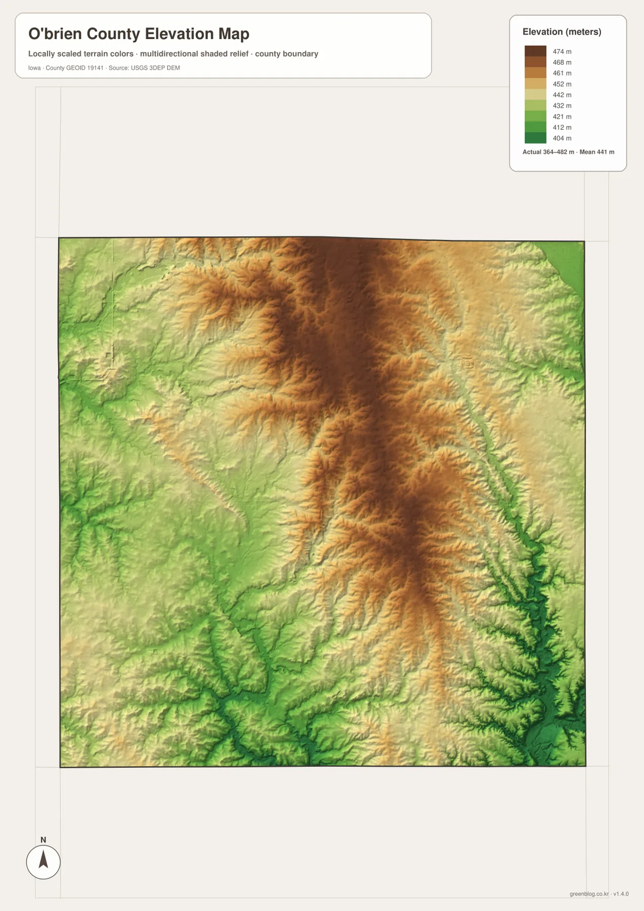 O'Brien County Iowa 364 482m 고도 중앙 고지 Floyd River 골짜기 지도
