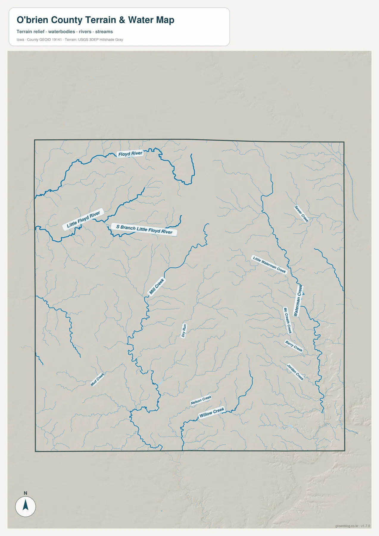 O'Brien County Iowa Floyd River Little Floyd River Waterman Creek 물 지형 지도