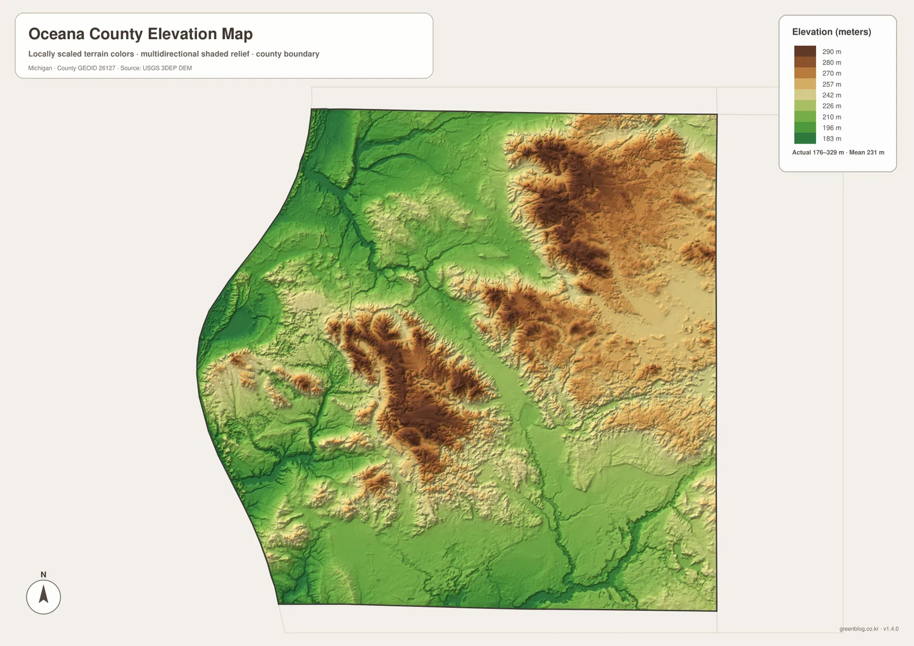 Oceana County elevation map showing low Lake Michigan shorelands and higher central and northeastern ridges