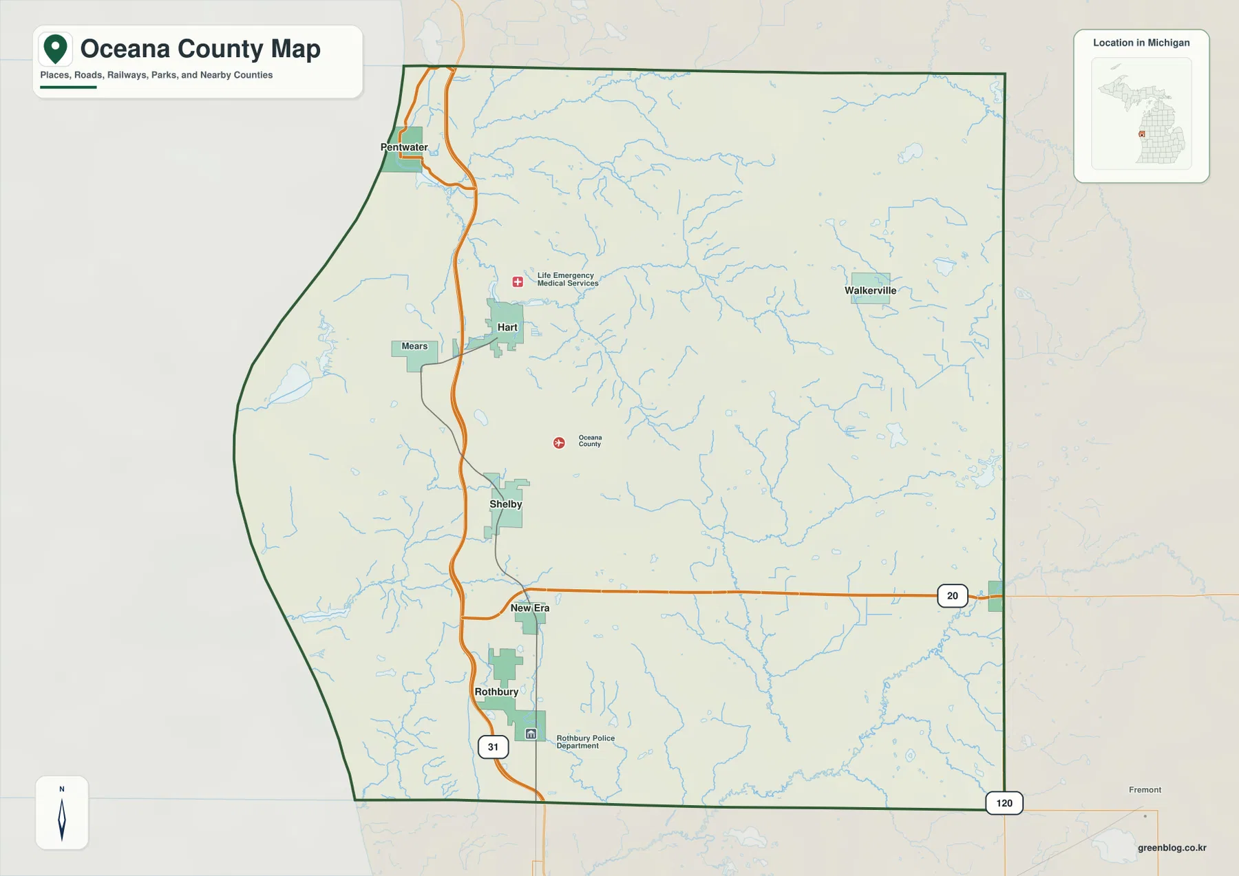 Oceana County map showing Pentwater, Hart, Shelby, New Era, Rothbury, Walkerville, US-31, M-20, and major streams