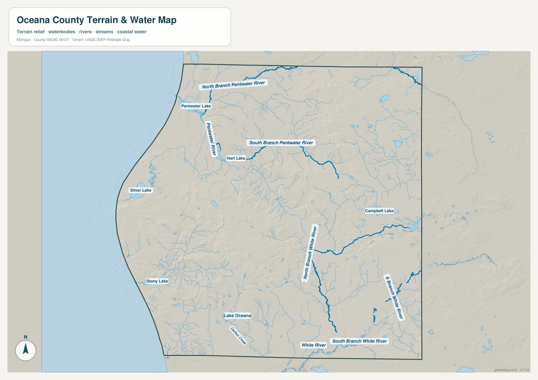 Oceana County water map showing Pentwater River branches, Pentwater Lake, Silver Lake, Stony Lake, and White River branches