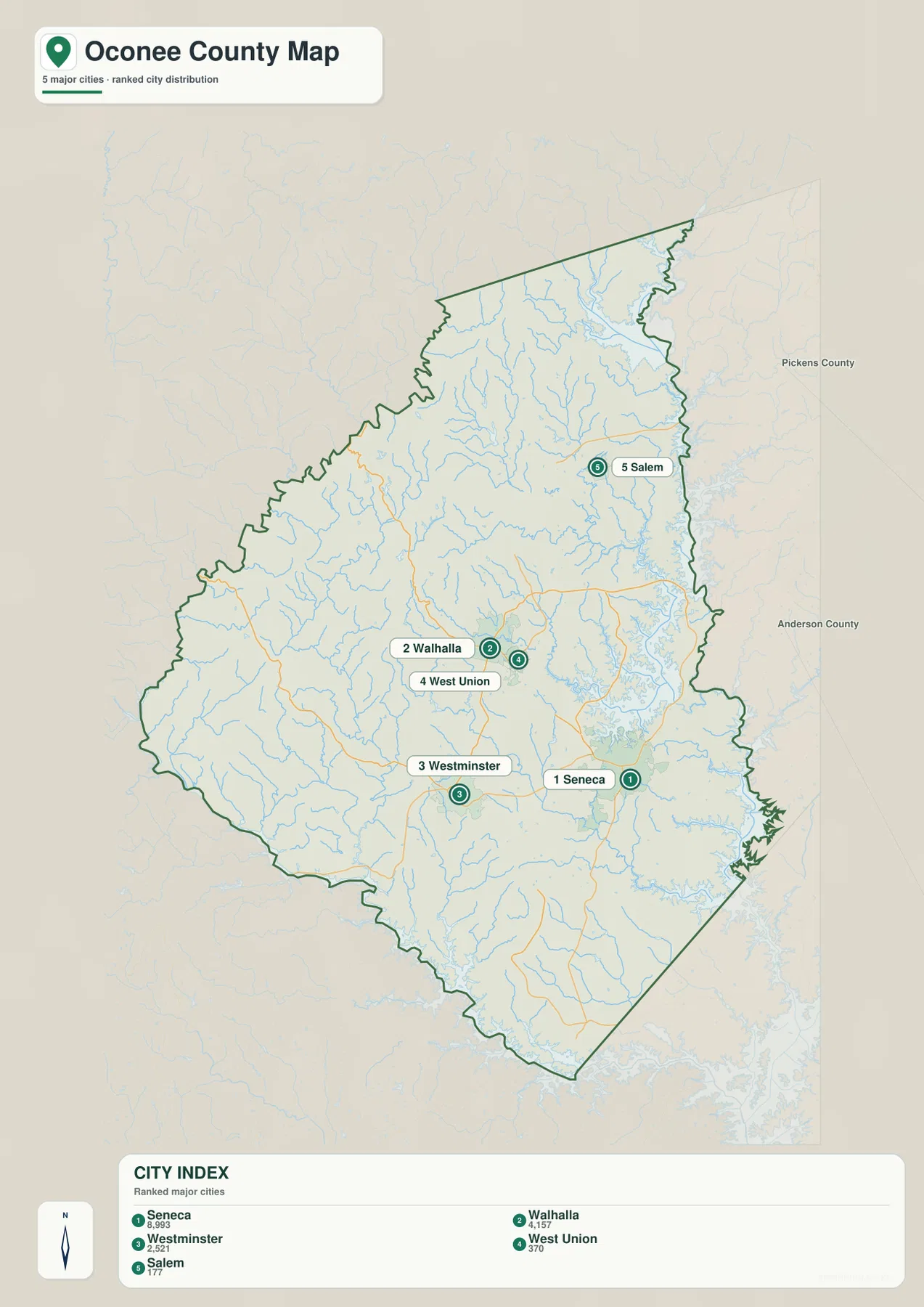 Oconee County city map showing Seneca, Walhalla, Westminster, West Union and Salem