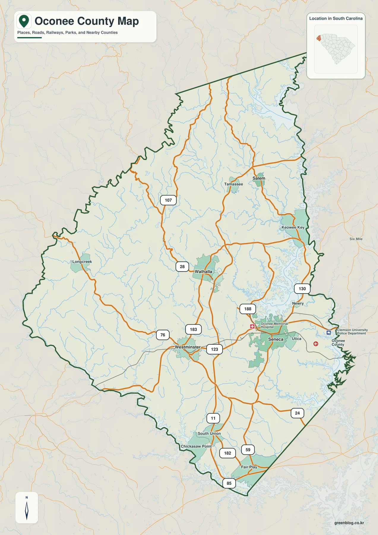 Oconee County South Carolina road map with Walhalla, Seneca, Westminster and major routes