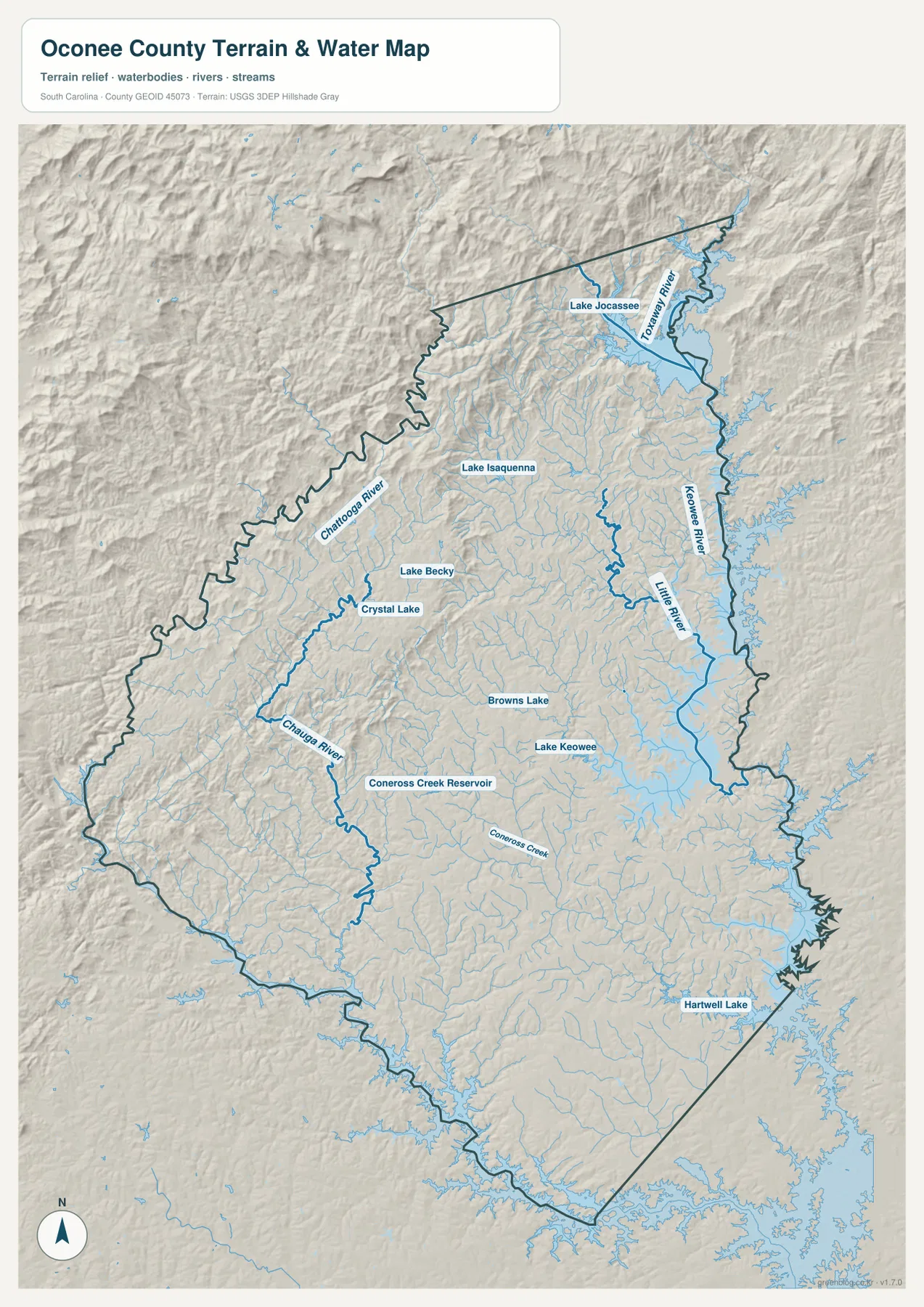 Oconee County terrain and water map with Lake Jocassee, Lake Keowee, Hartwell Lake and major rivers