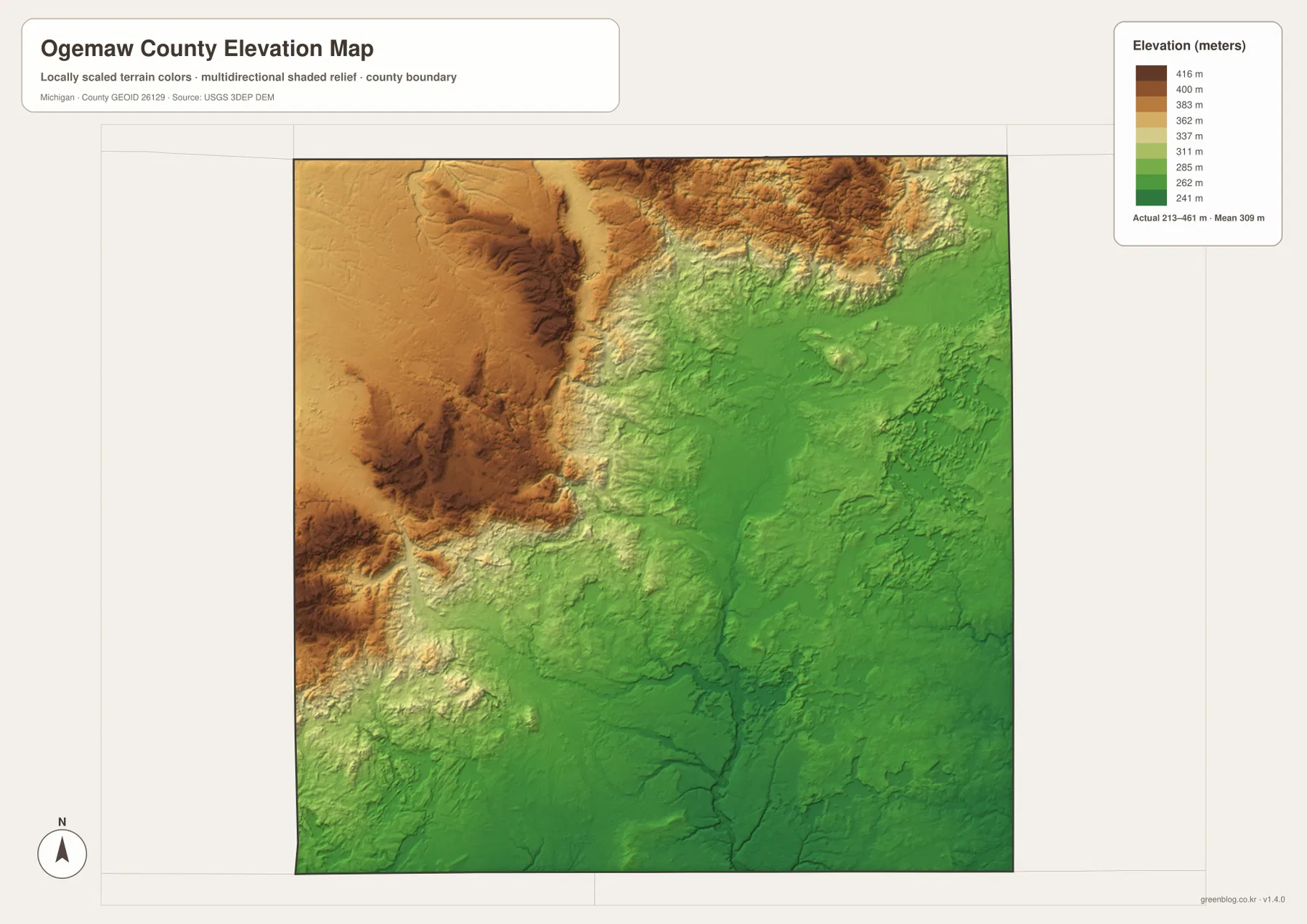 Ogemaw County elevation map showing high northern uplands and lower terrain toward the east and southeast
