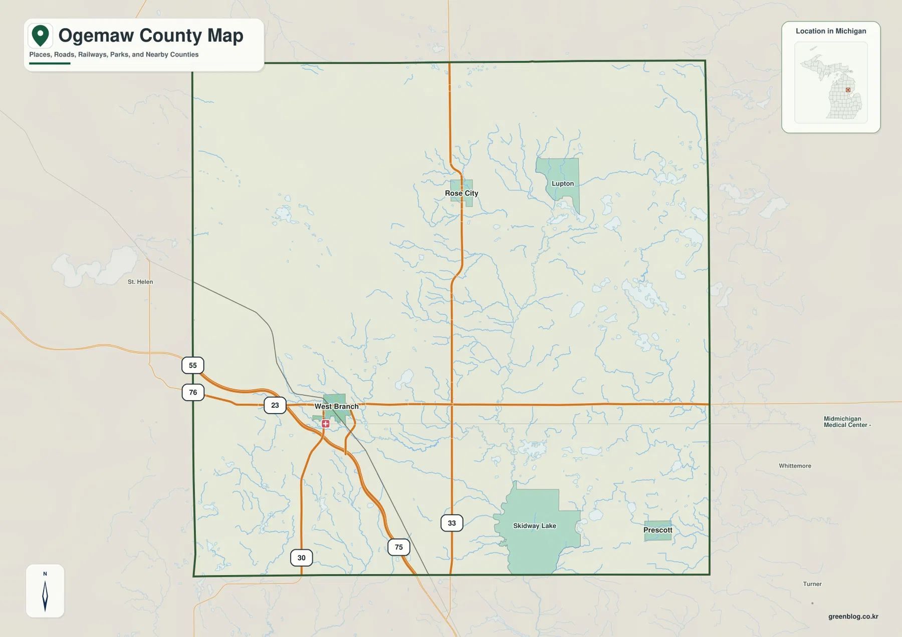 Ogemaw County map showing West Branch, Rose City, Lupton, Prescott, I-75, M-55, M-33, lakes, streams, and county boundaries