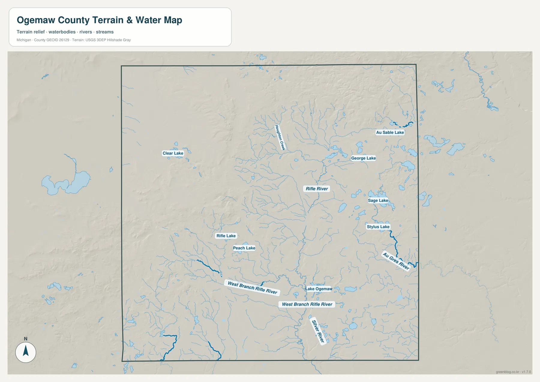 Ogemaw County water map showing Rifle River, West Branch Rifle River, Lake Ogemaw, tributaries, and lakes