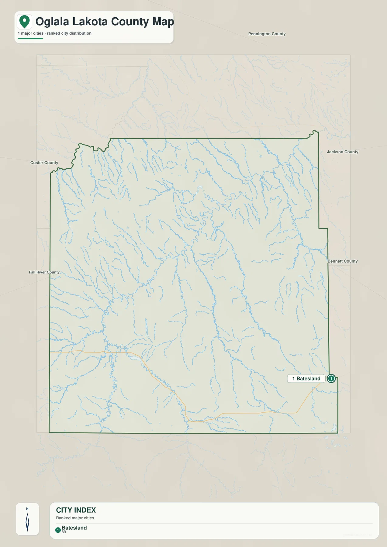Oglala Lakota County city distribution map highlighting Batesland as the single ranked major city without mileage connectors