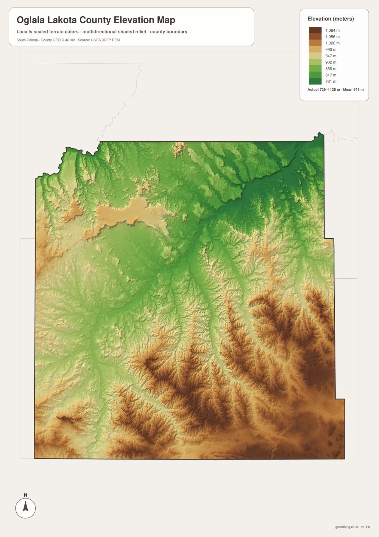 Oglala Lakota County South Dakota elevation map showing about 729 to 1128 meters, lower northern terrain and high southeastern ridges