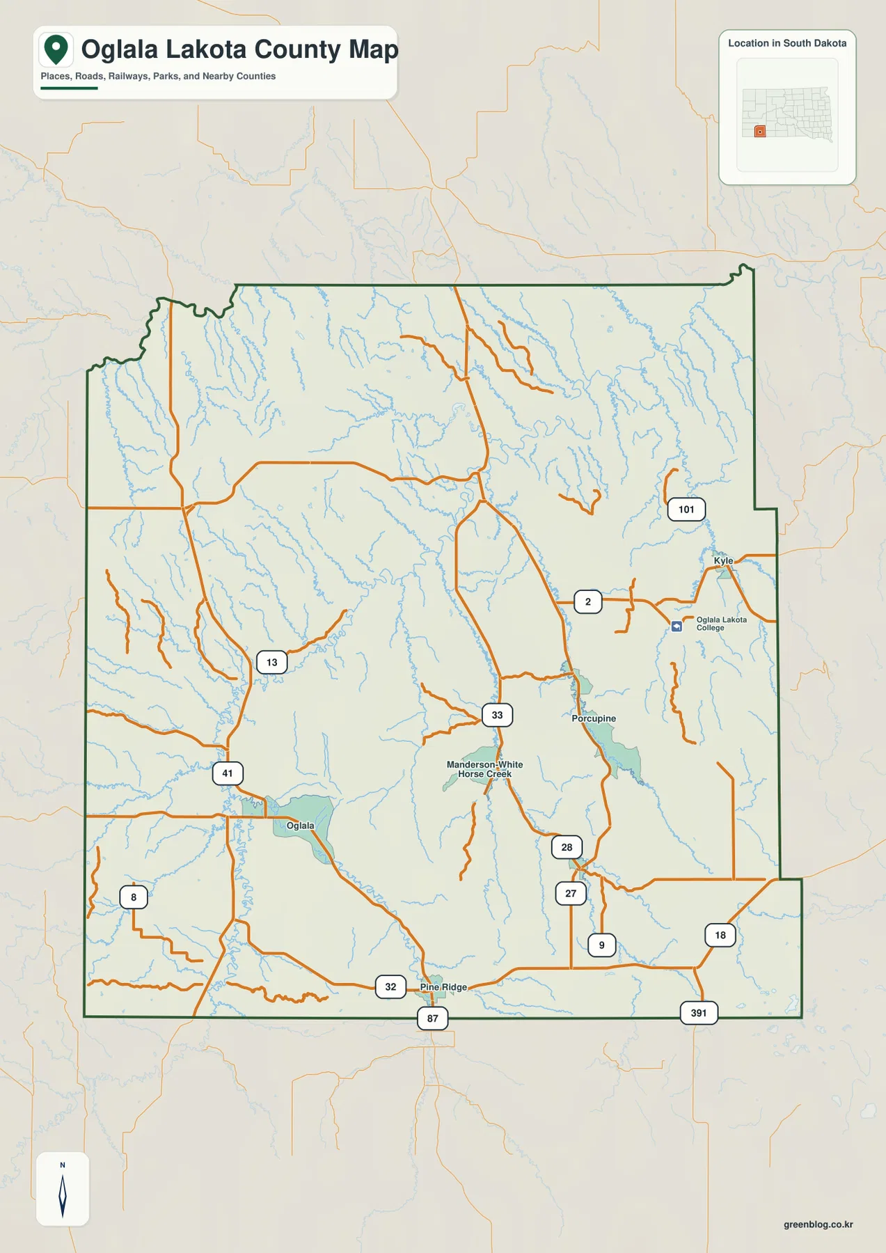 Oglala Lakota County South Dakota general map showing Pine Ridge, Oglala, Manderson-White Horse Creek, Porcupine, Kyle and numbered roads