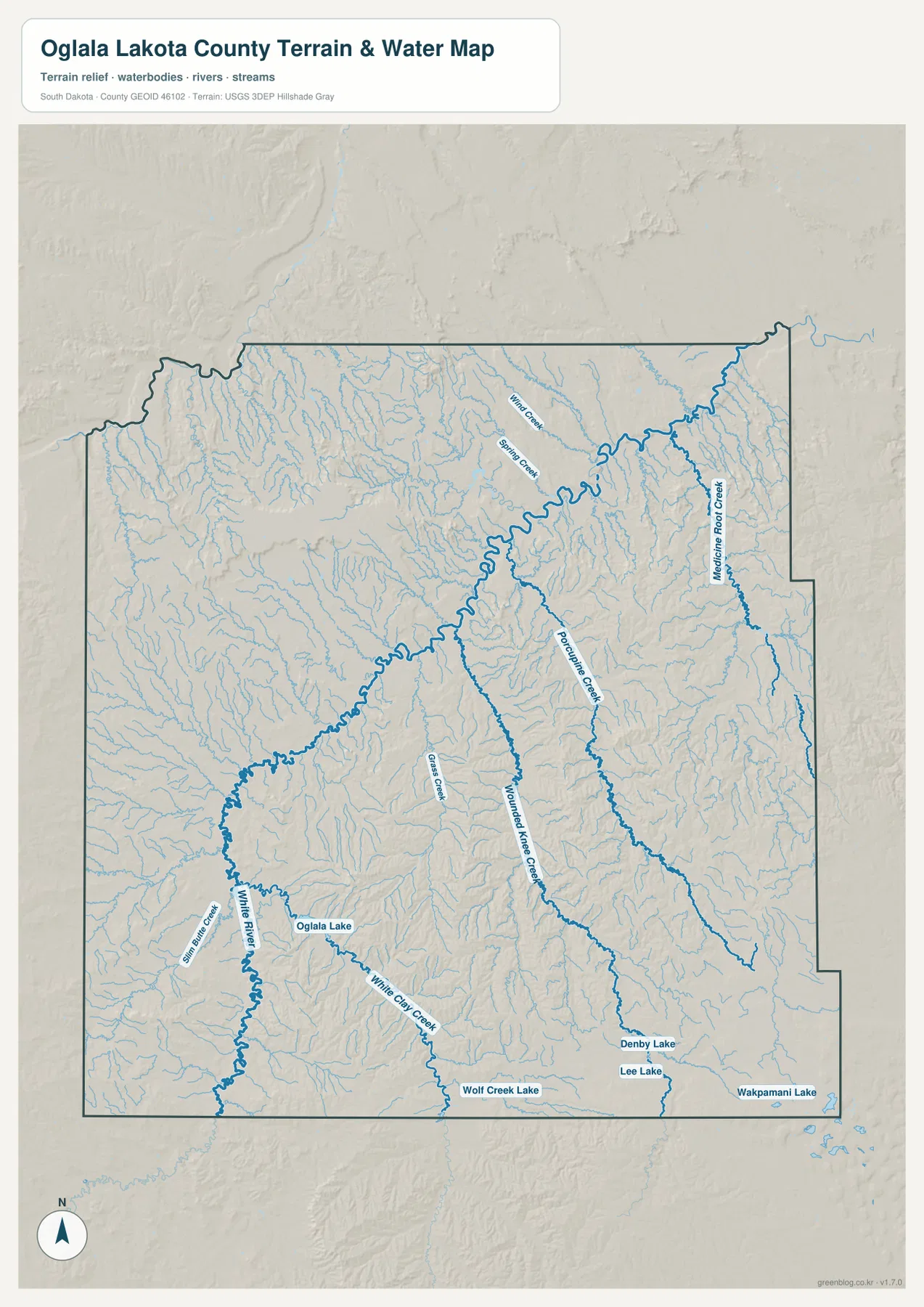 Oglala Lakota County water map showing White River, Wounded Knee Creek, Porcupine Creek, Medicine Root Creek, White Clay Creek and named lakes