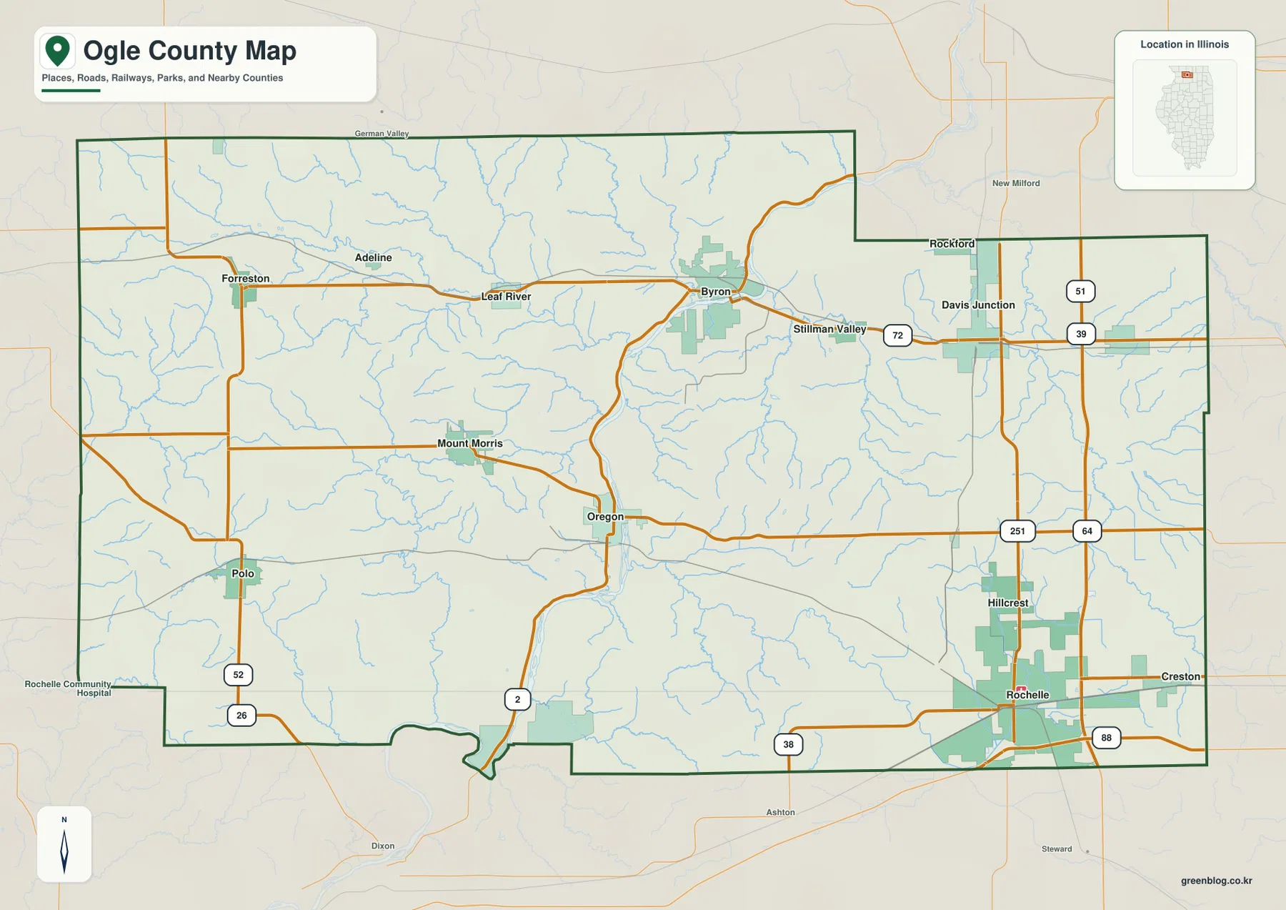 Oregon, Rochelle, Byron, Davis Junction, Mount Morris, Polo와 주요 도로를 보여 주는 일리노이주 Ogle County 지도