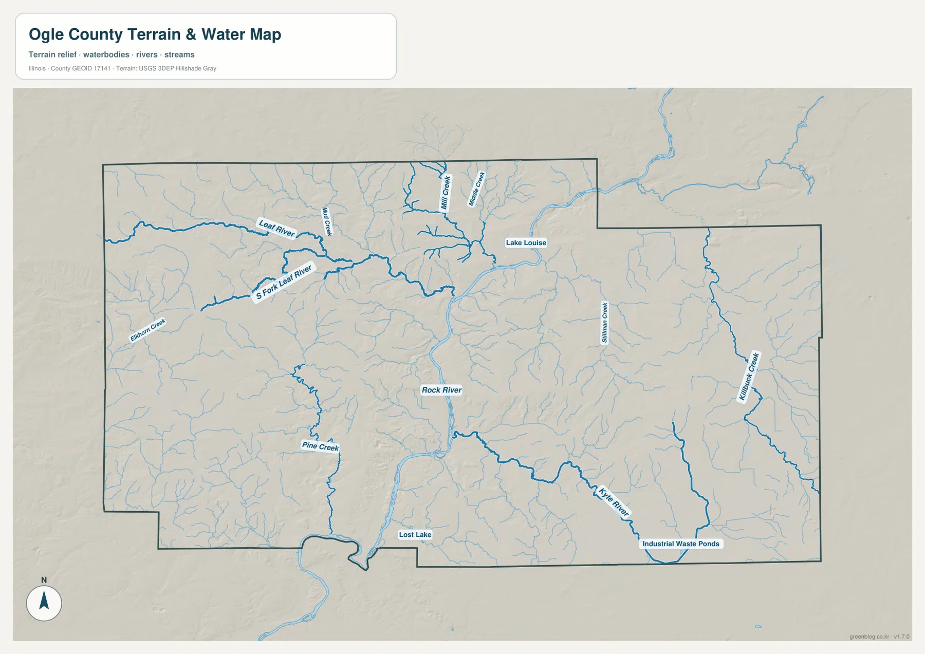 Rock River, Leaf River, South Fork Leaf River, Pine Creek, Stillman Creek, Kilbuck Creek, Kyte River와 Lake Louise를 보여 주는 Ogle County 수역 지도
