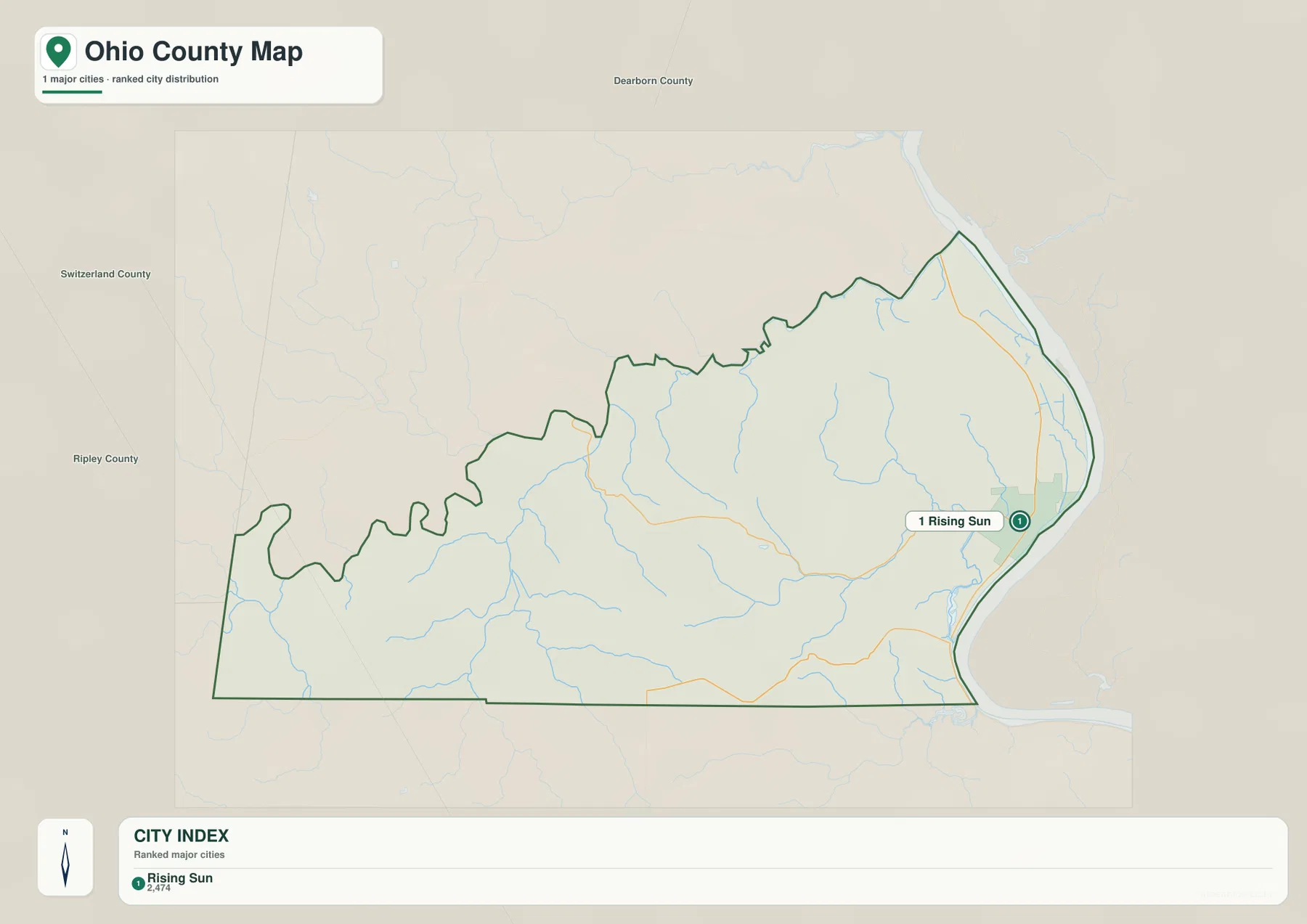 Ohio County city index map showing Rising Sun as the single major city entry