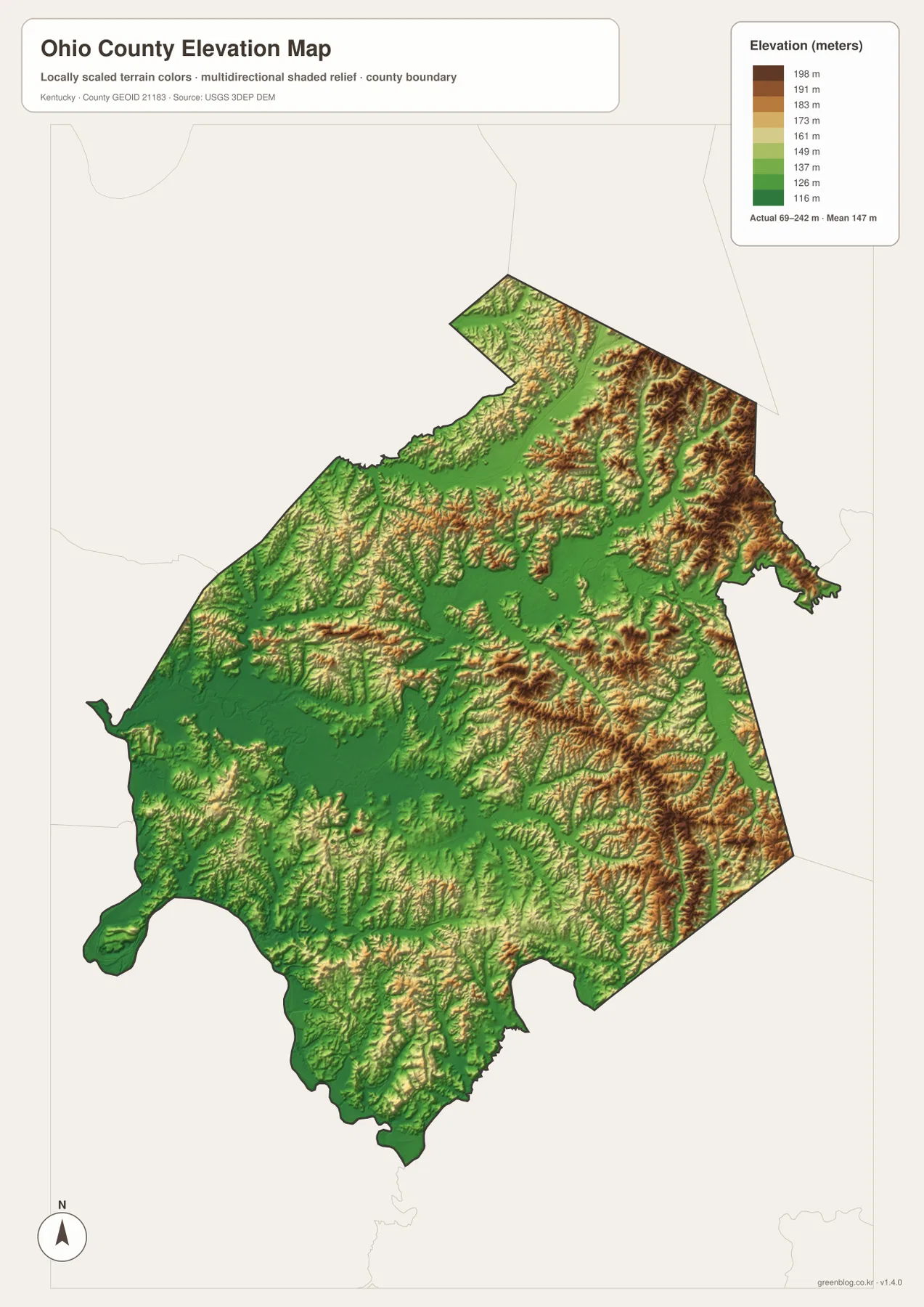 Ohio County elevation map showing the 69 to 242 meter range, low Rough River and Green River corridors, and higher eastern and northeastern ridges