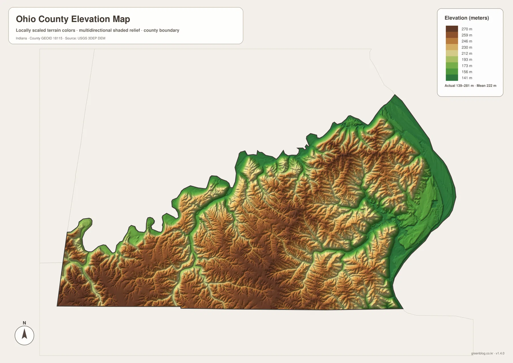Ohio County elevation map showing low green Ohio River and creek valleys with high tan-brown ridges across the central and western interior