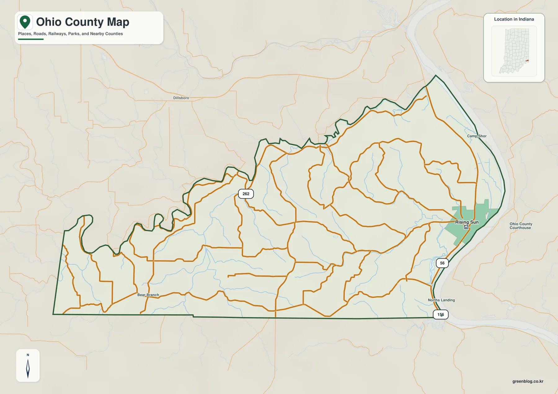 Ohio County Indiana general map showing Rising Sun, U.S. 56, State Roads 156 and 262, Camp Shore, Bear Branch, and the Ohio River boundary