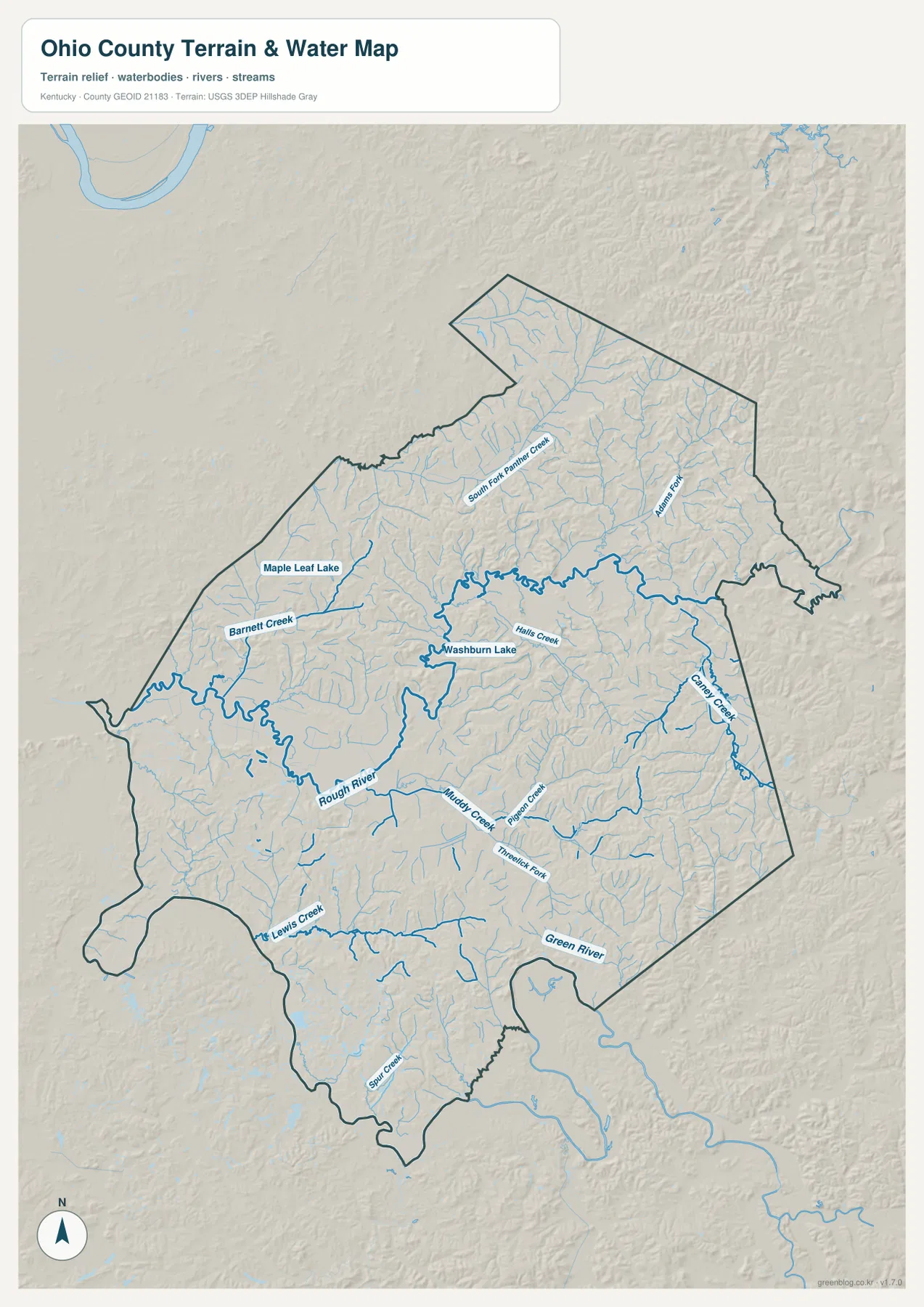 Ohio County terrain and water map showing Rough River, Green River, South Fork Panther Creek, Adams Fork, Barrett Creek, Caney Creek, Maple Leaf Lake, and Washburn Lake