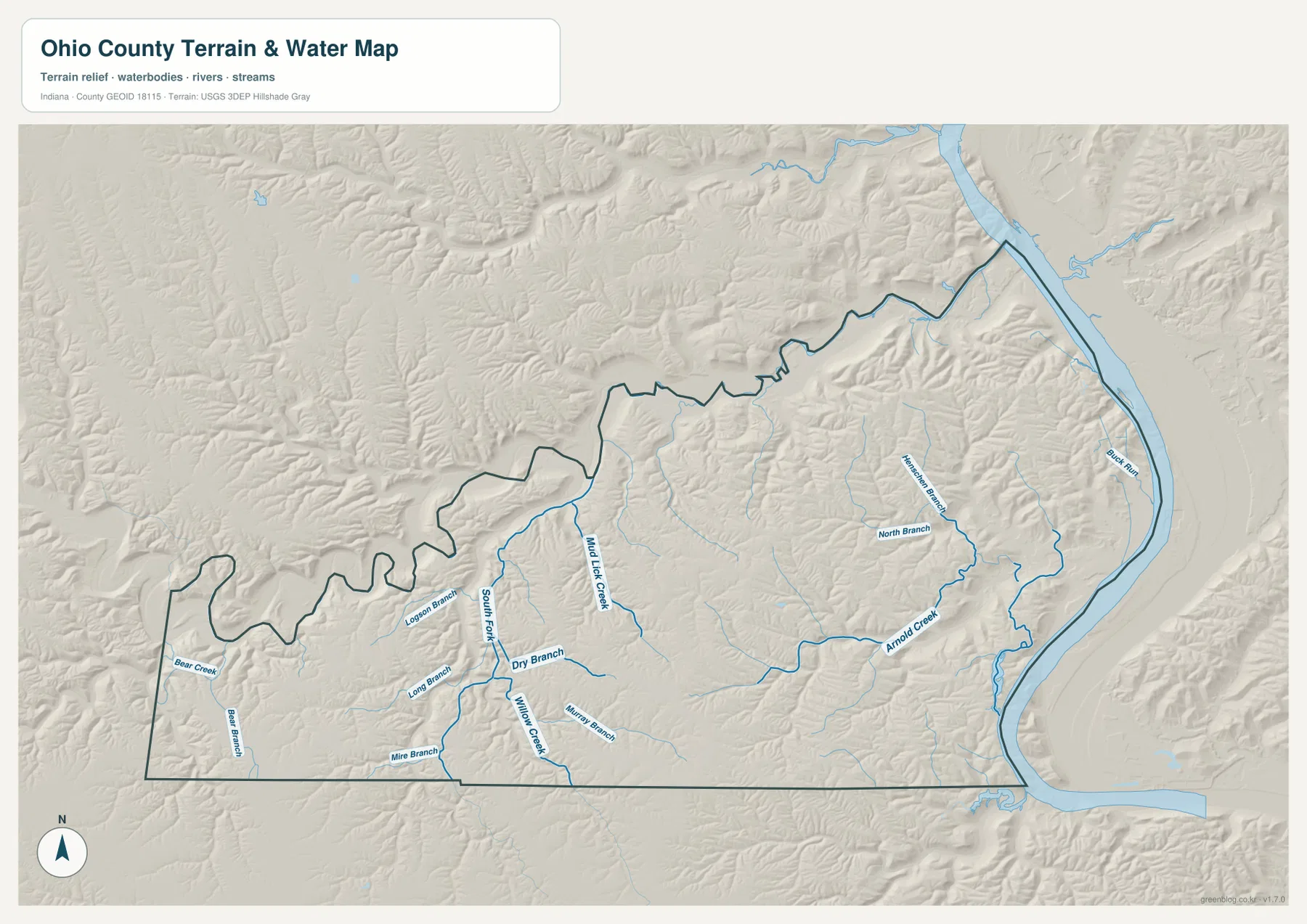 Ohio County terrain and water map showing Ohio River, Mud Lick Creek, Willow Creek, Arnold Creek, Bear Creek, Duck Run, and smaller branches