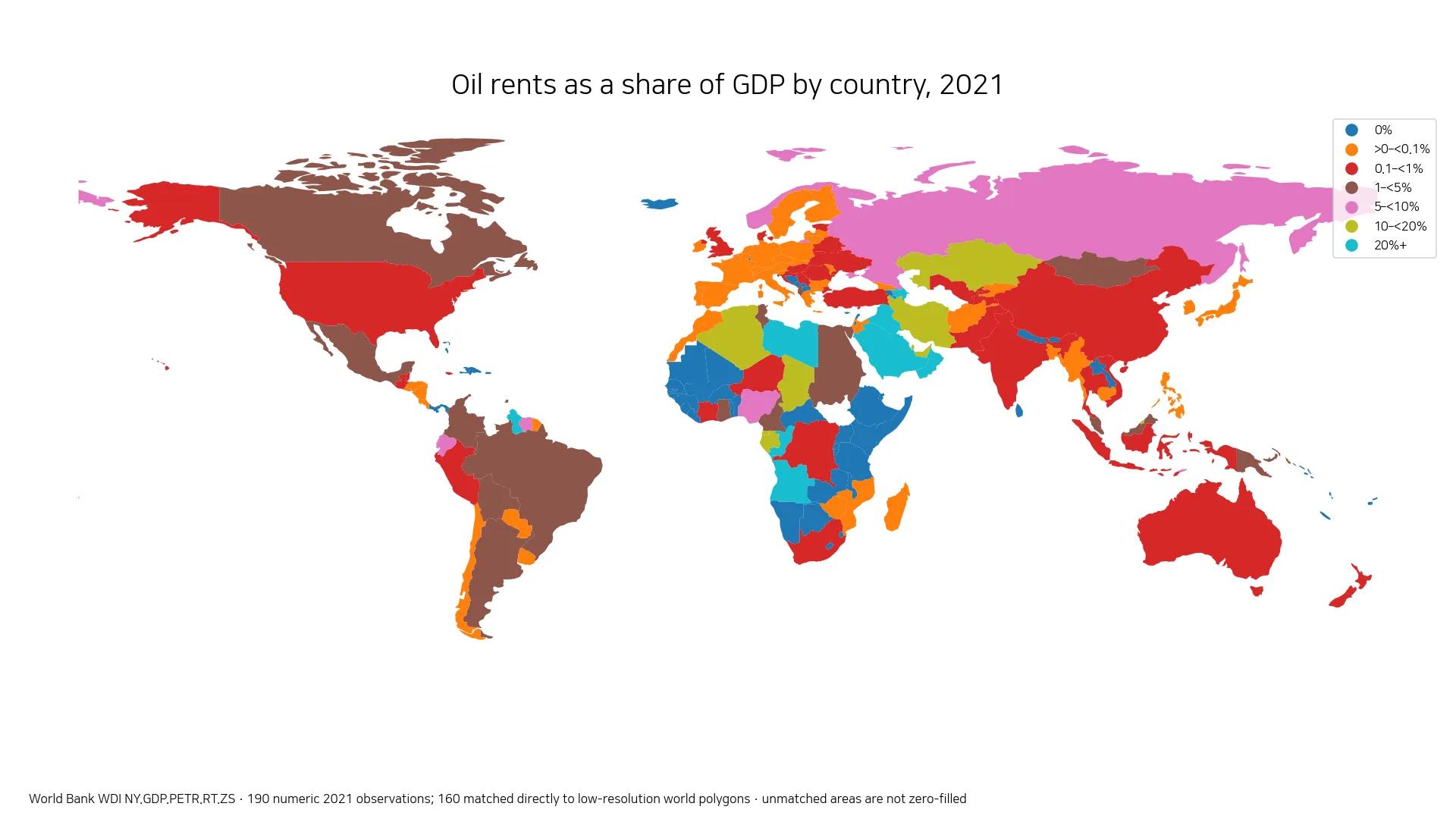 World map of oil rents as a share of GDP in 2021