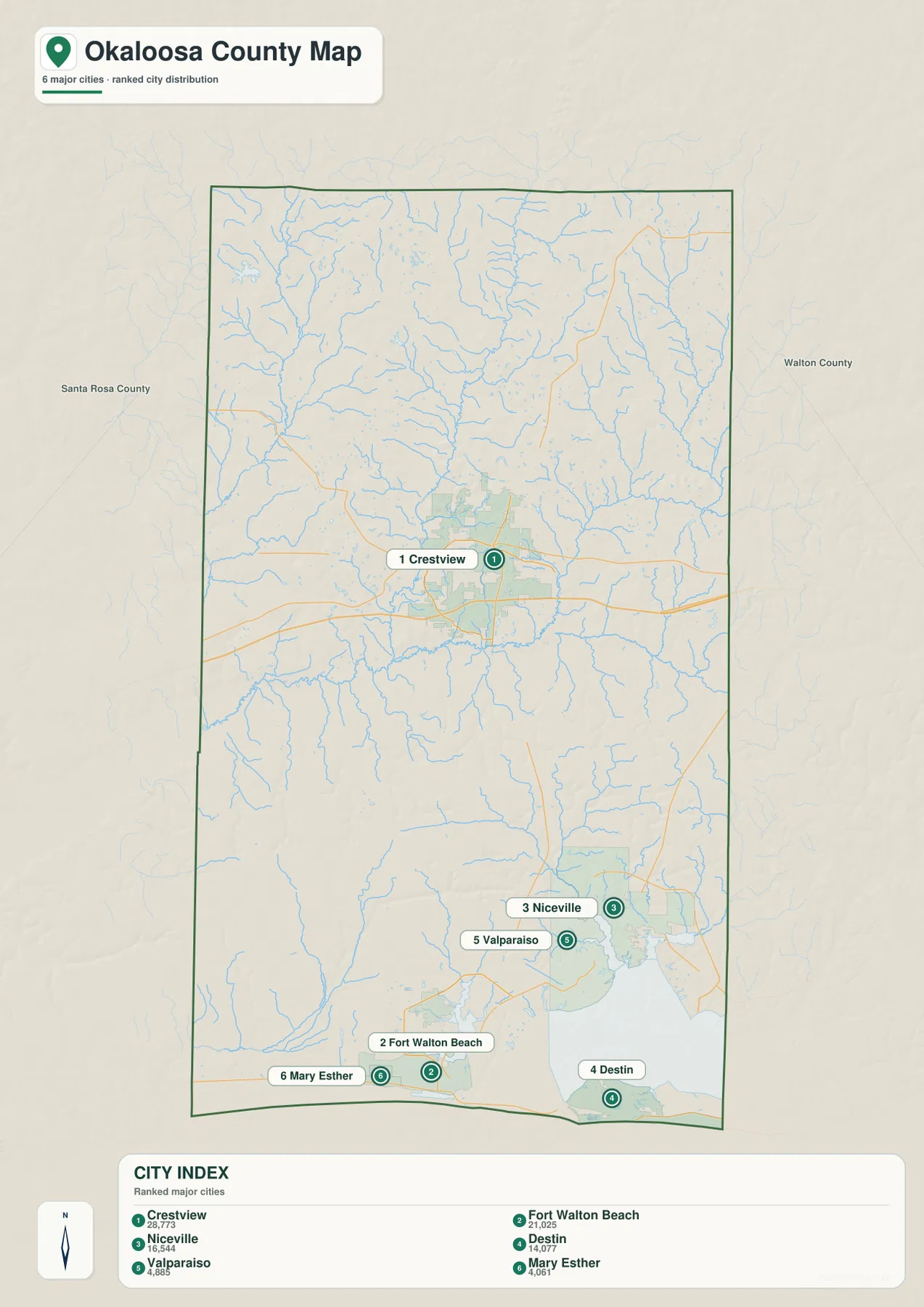 Okaloosa County city map showing Crestview, Fort Walton Beach, Niceville, Destin, Valparaiso, and Mary Esther