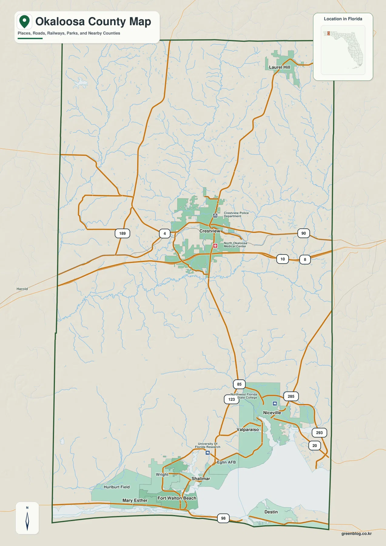 Okaloosa County Florida map showing Laurel Hill, Crestview, Niceville, Fort Walton Beach, and Destin