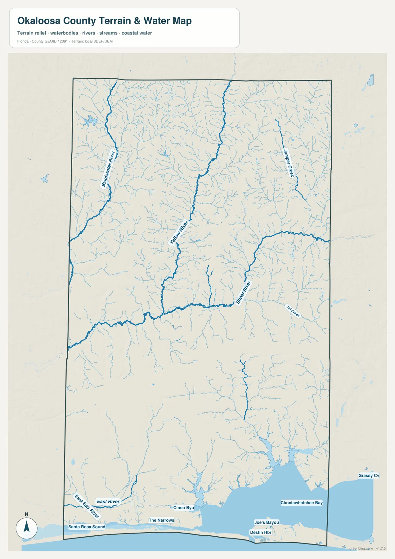 Okaloosa County water map showing the Yellow River, Shoal River, Blackwater River, Choctawhatchee Bay, and Santa Rosa Sound