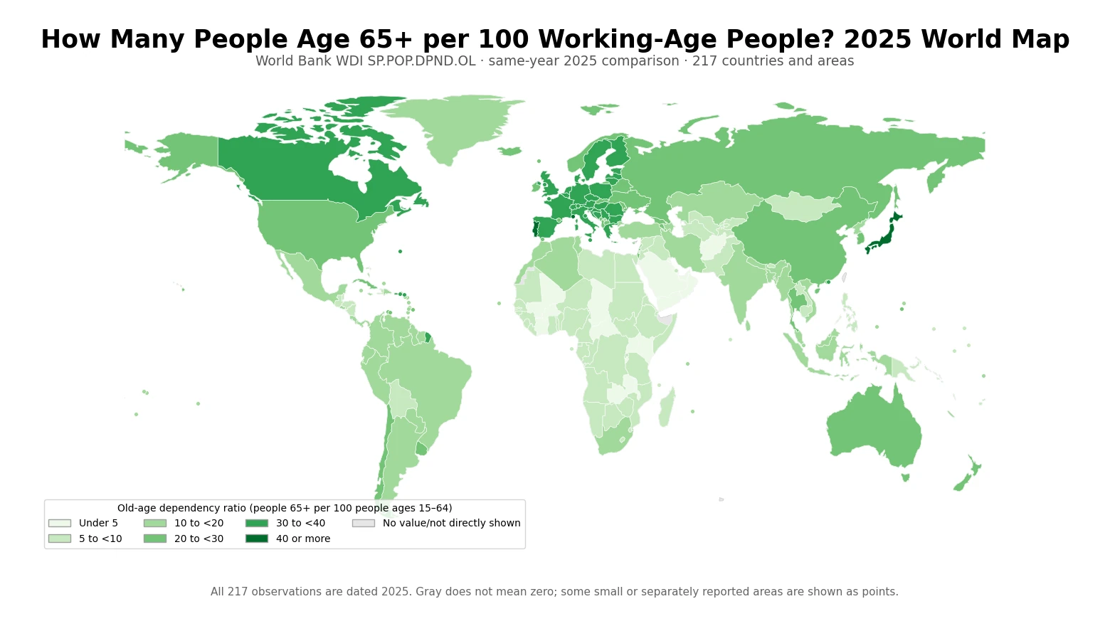World map of the old-age dependency ratio in 2025, showing people age 65+ per 100 people ages 15–64 by country