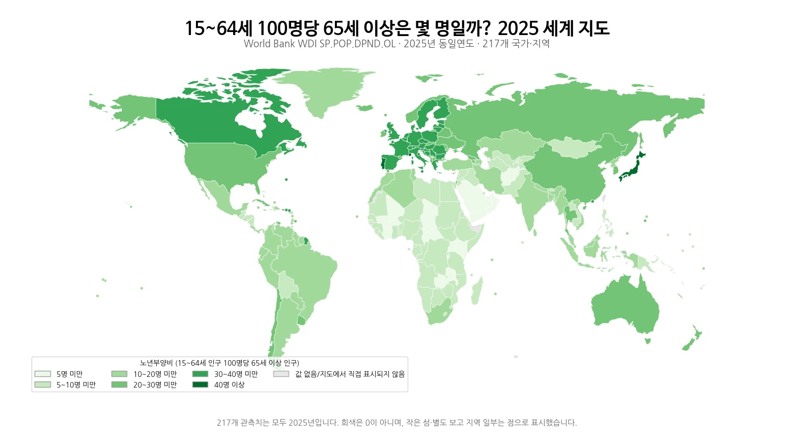 2025년 세계 국가별 노년부양비 지도. 15~64세 인구 100명당 65세 이상 인구를 표시