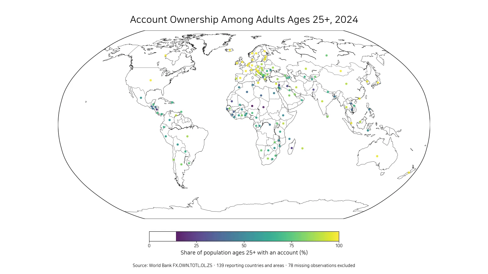 World map of account ownership among adults ages 25 and older in 2024